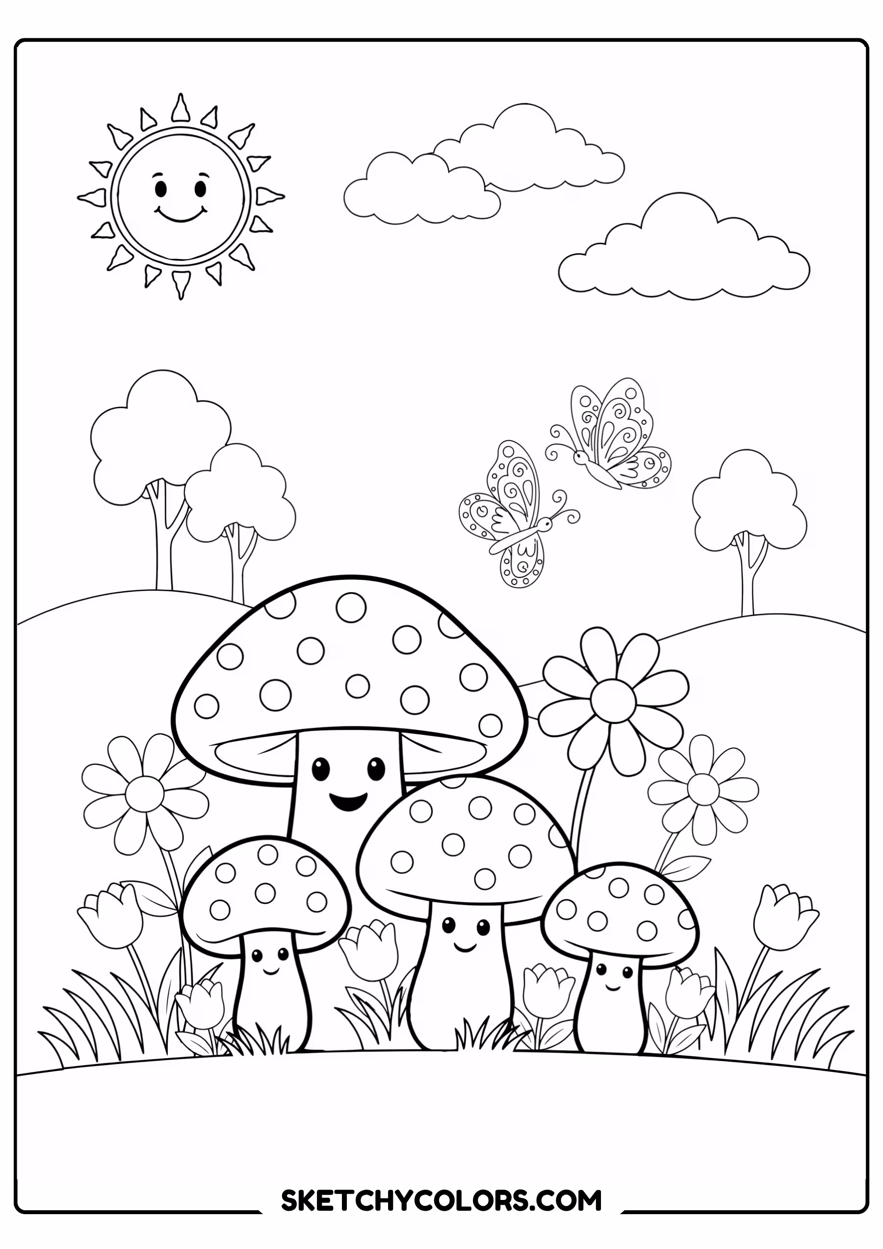 mushroom family free coloring sheet for kids