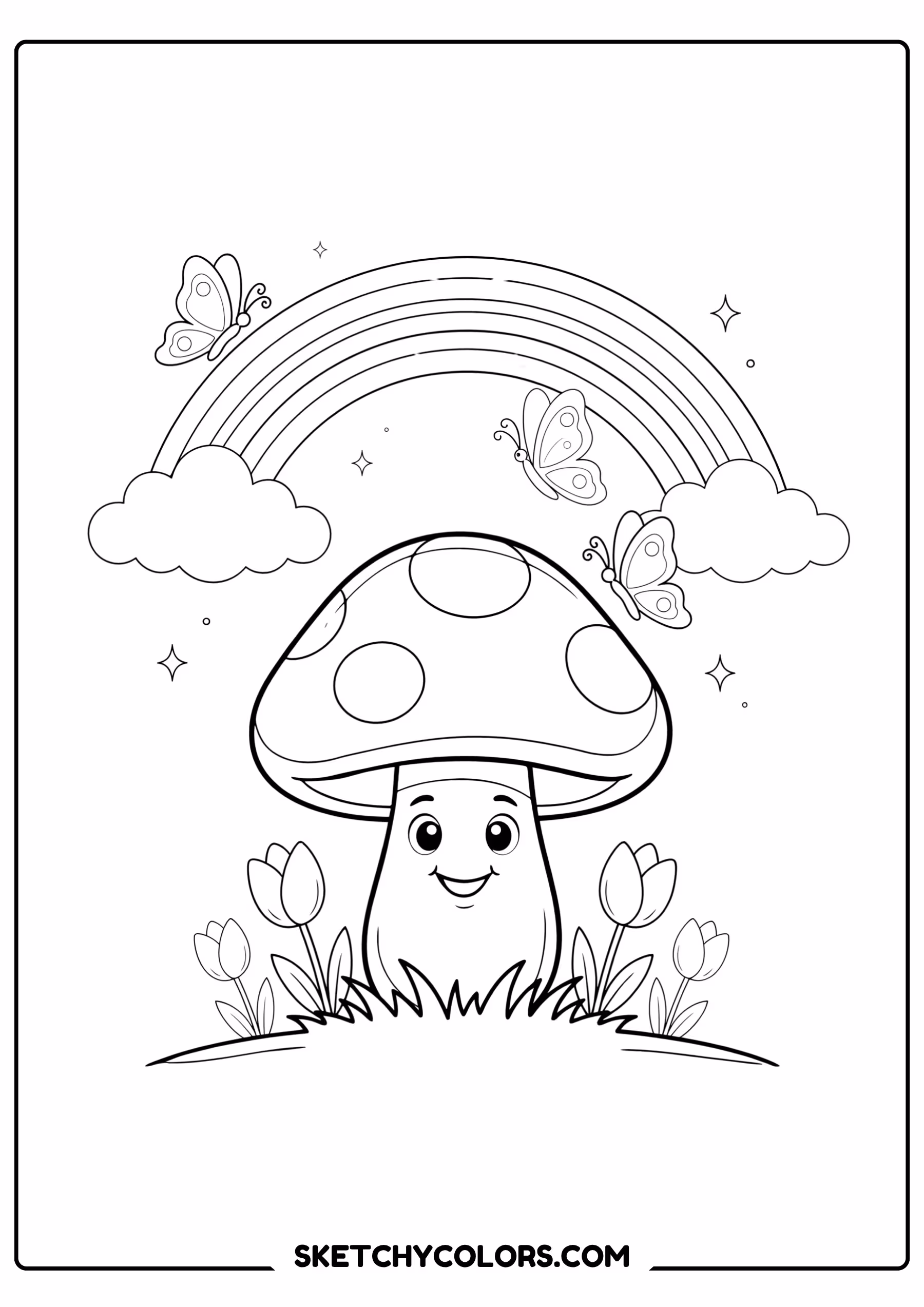 mushroom under a rainbow coloring sheet free printable