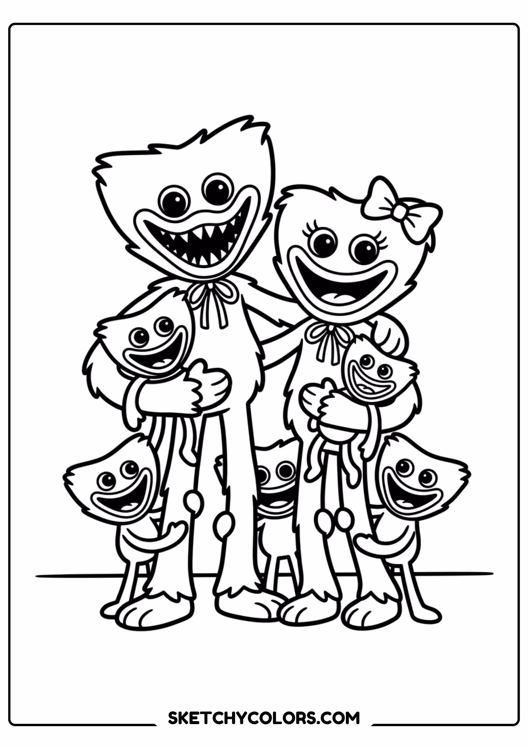 huggy wuggy with mini huggy coloring page free printable