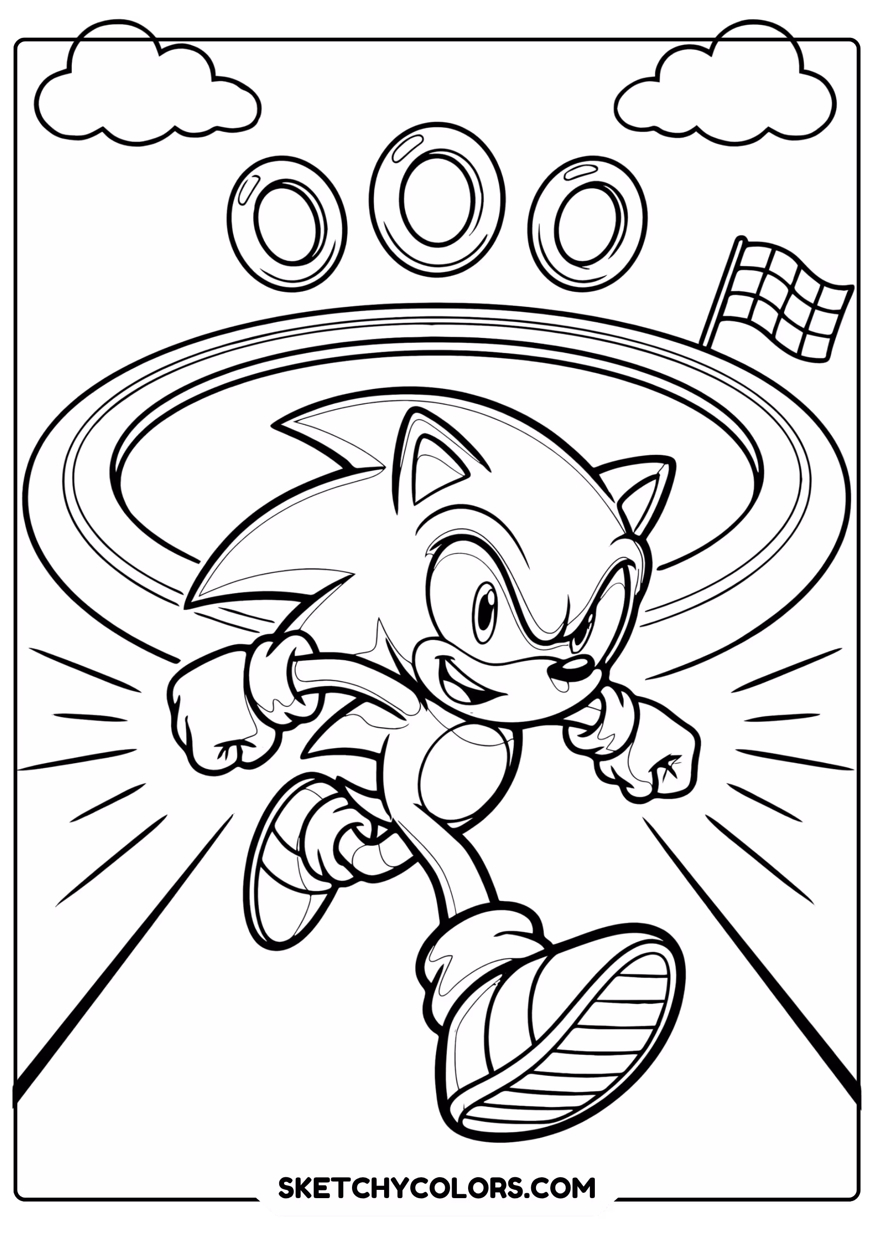 Sonic the Hedgehog running at top speed looping racetrack coloring page - free printable