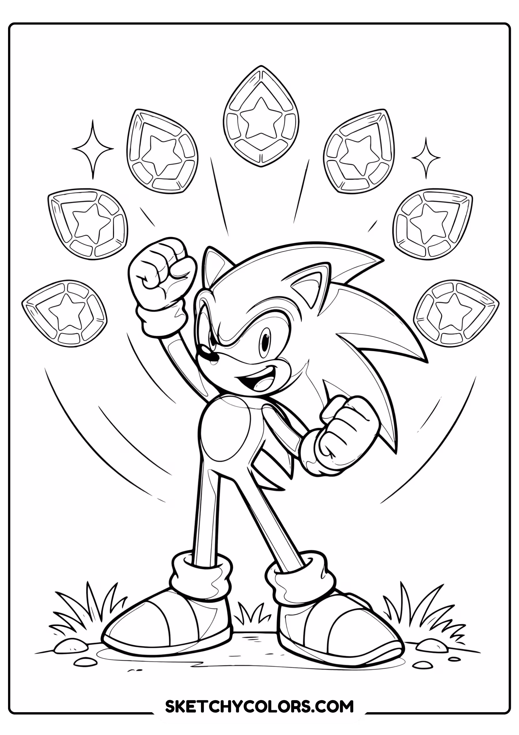Sonic celebrating Chaos Emeralds simplified emerald shapes floating around coloring page - free printable