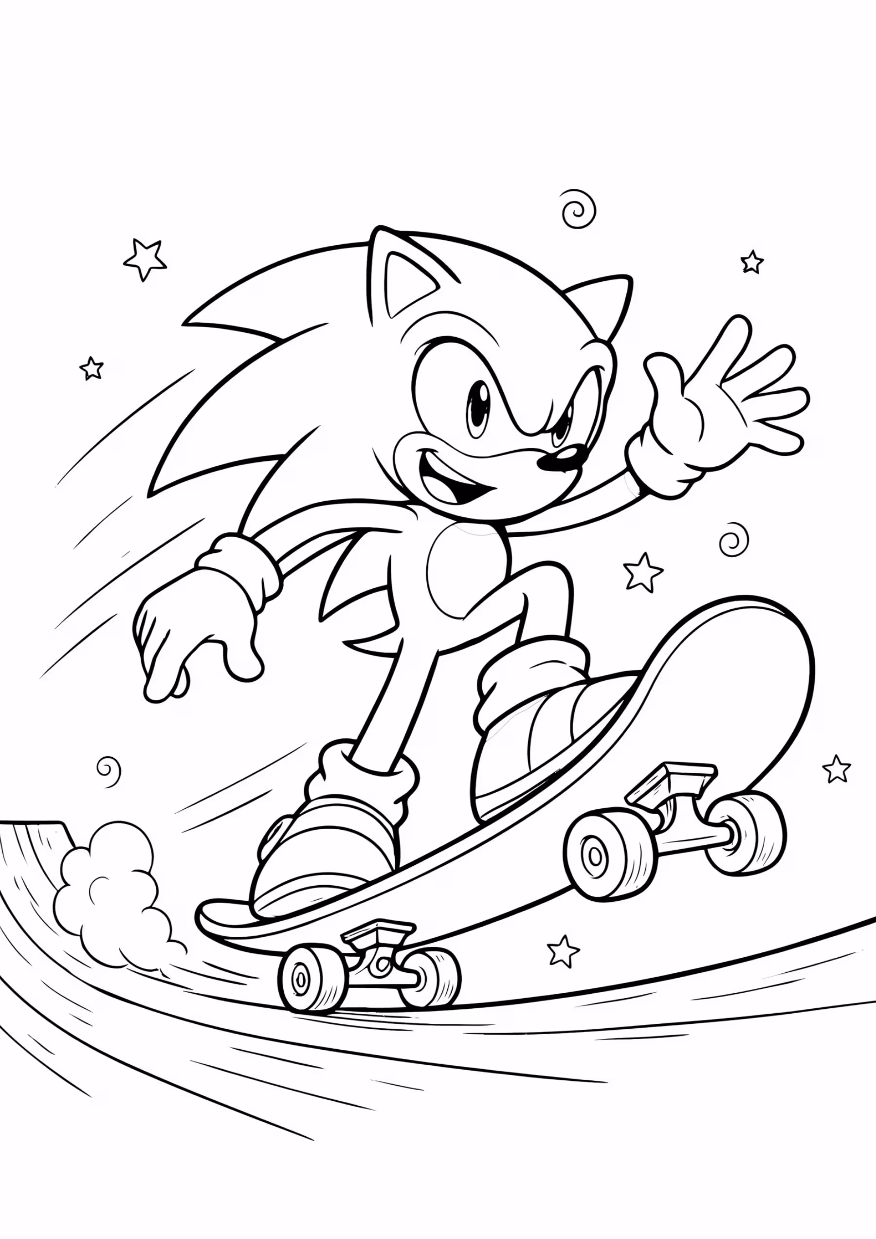 Sonic skateboarding down gentle ramp fun action pose oversized skateboard coloring page - free printable