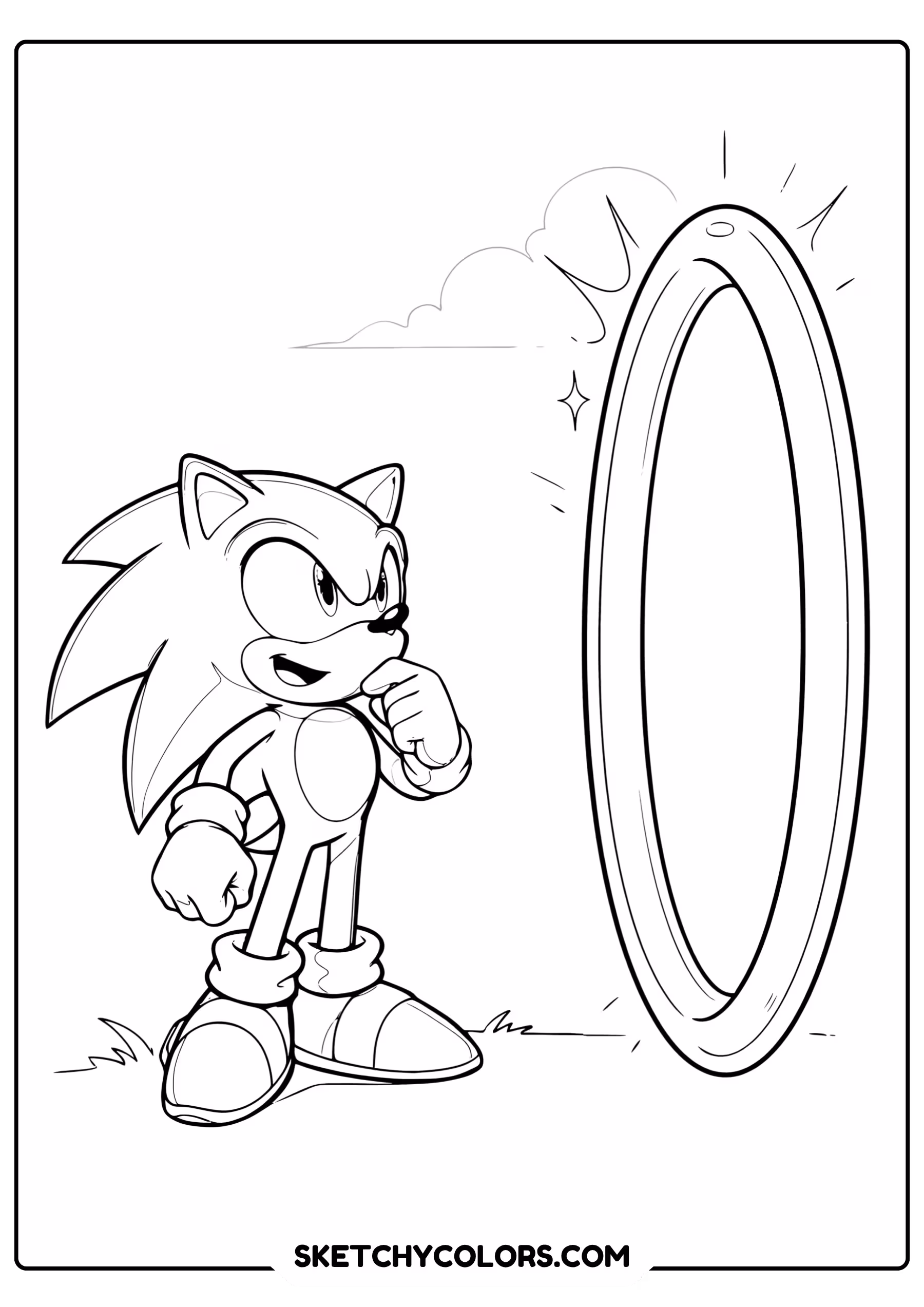 Sonic standing next to giant ring portal curious expression coloring page - free printable