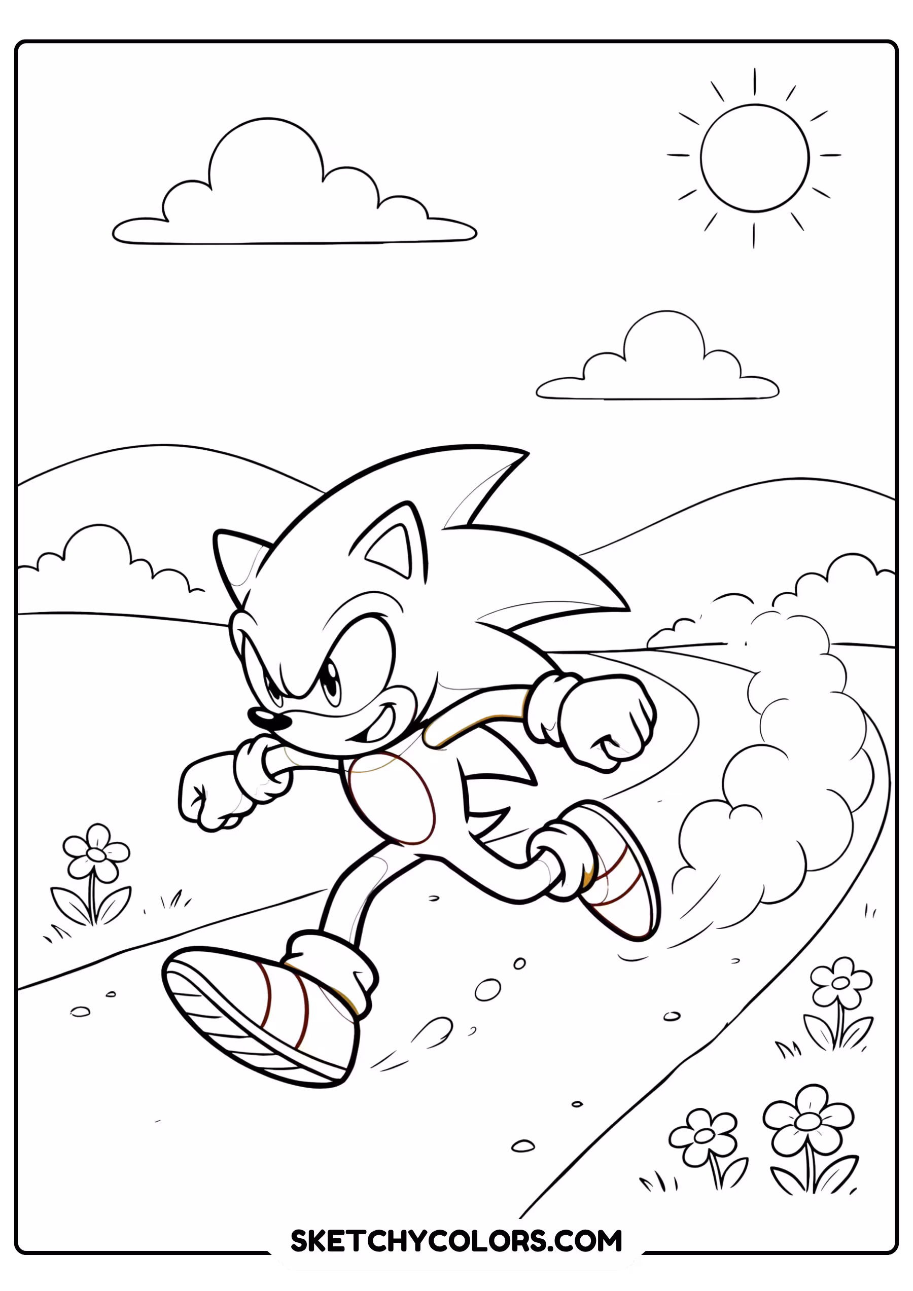 Sonic kicking up dust sprinting across simple path close-up action coloring page - free printable