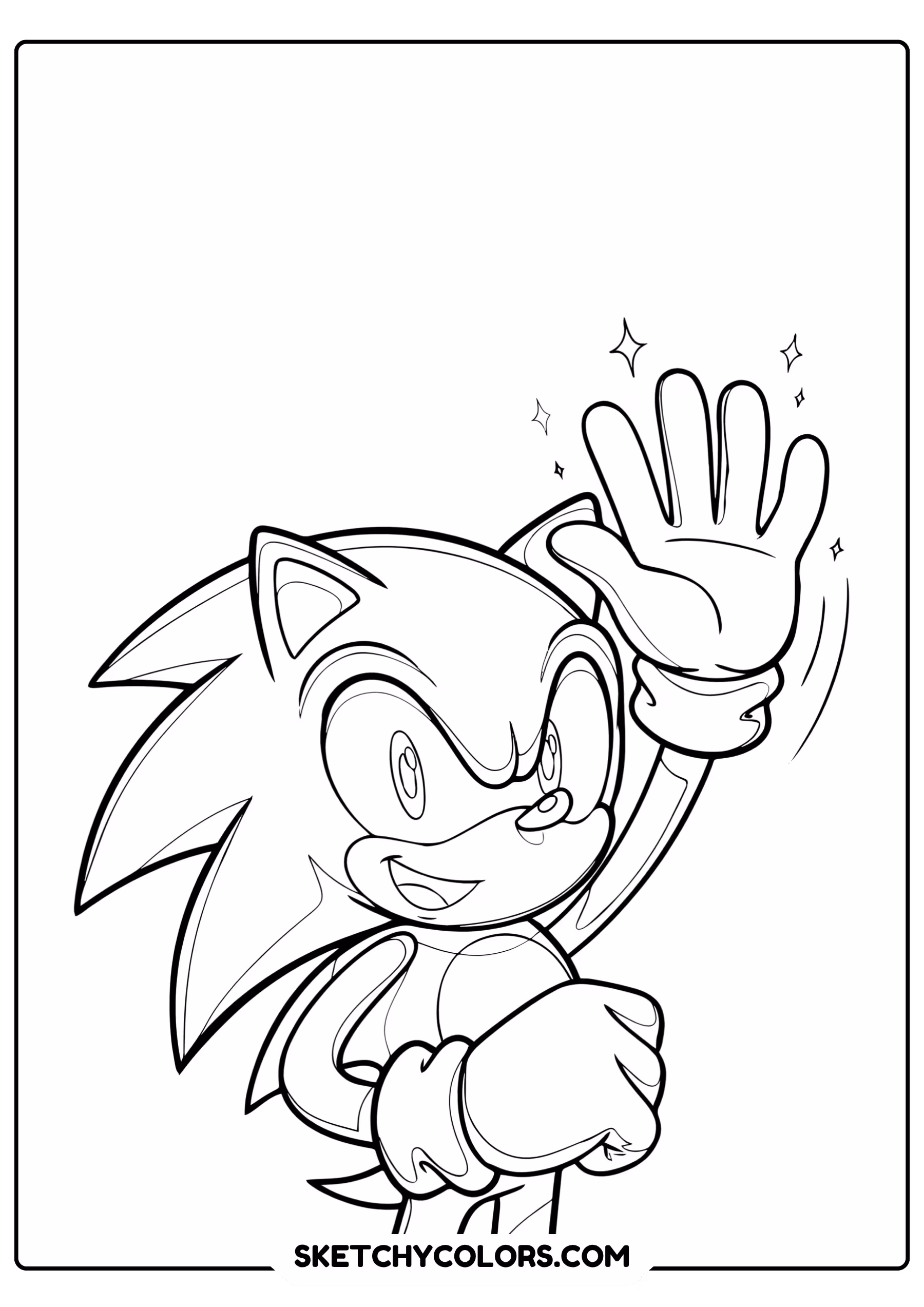 Sonic waving hello friendly cheerful large expressive eyes close-up portrait coloring page - free printable