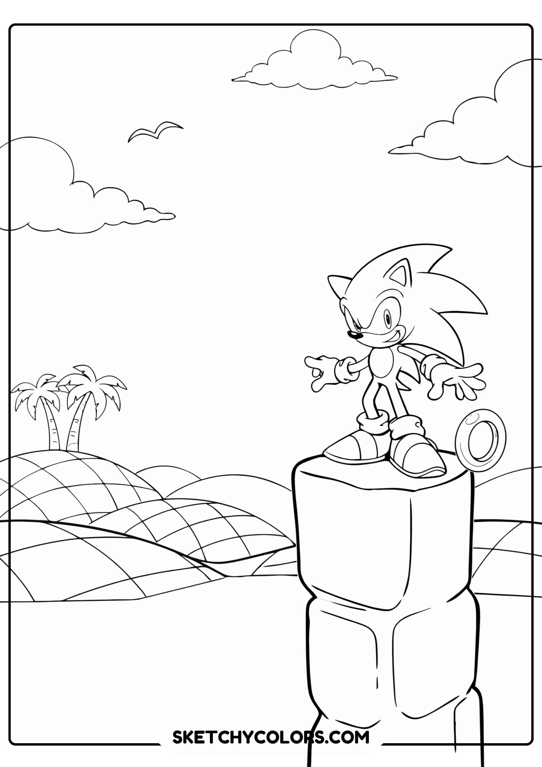 Sonic balancing on rock overlooking Green Hill Zone simple hills clouds coloring page - free printable