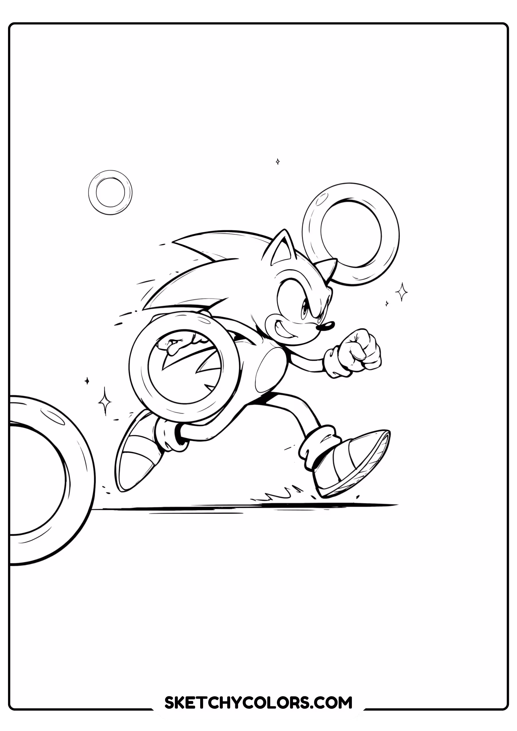 Sonic running through ring obstacle course oversized rings close-up coloring page - free printable