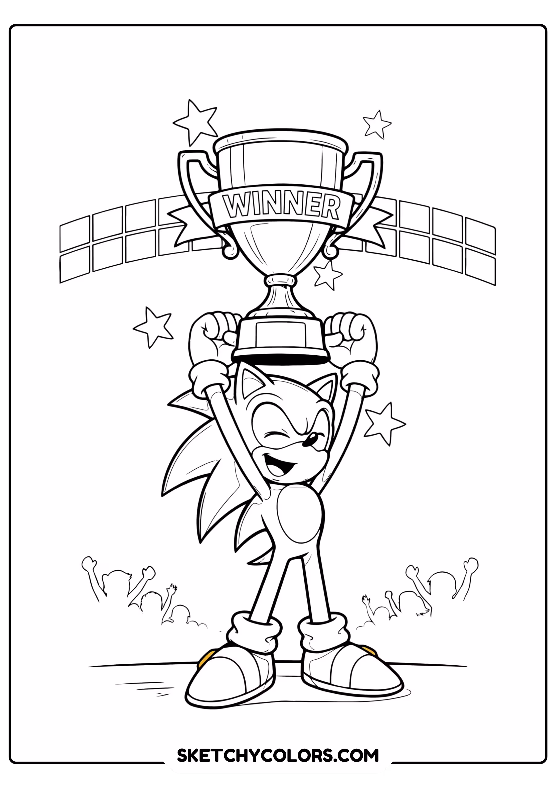 Sonic holding trophy after winning race happy smile celebratory stars coloring page - free printable