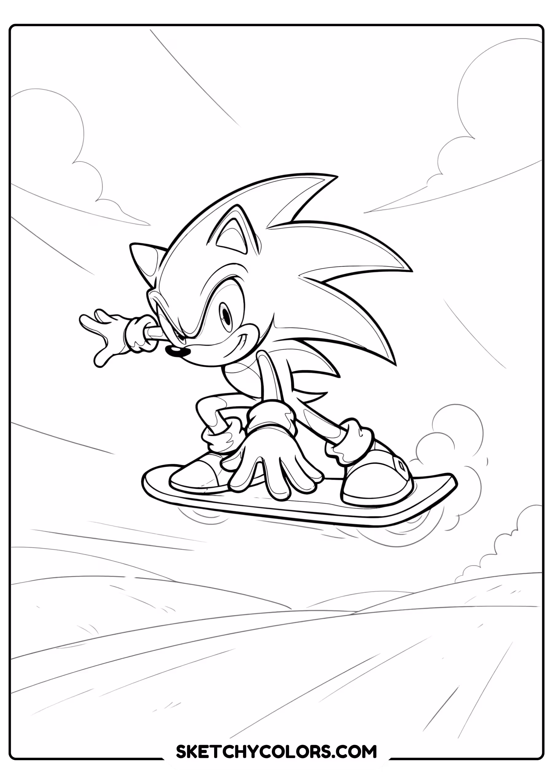 Sonic riding simple hoverboard above gentle hills close-up action pose coloring page - free printable