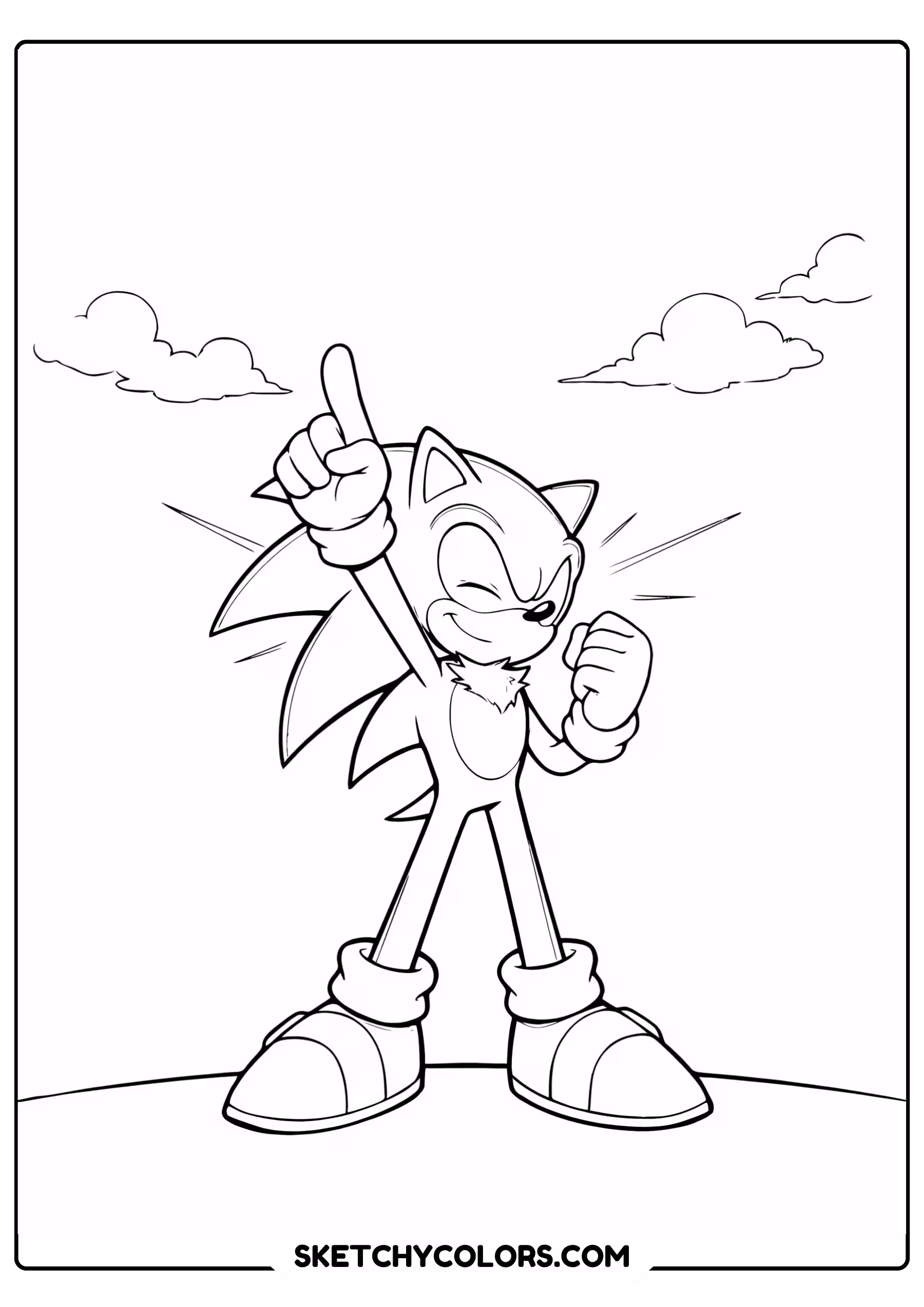 Sonic heroic pose finger pointing upward confident smile oversized shoes coloring page - free printable