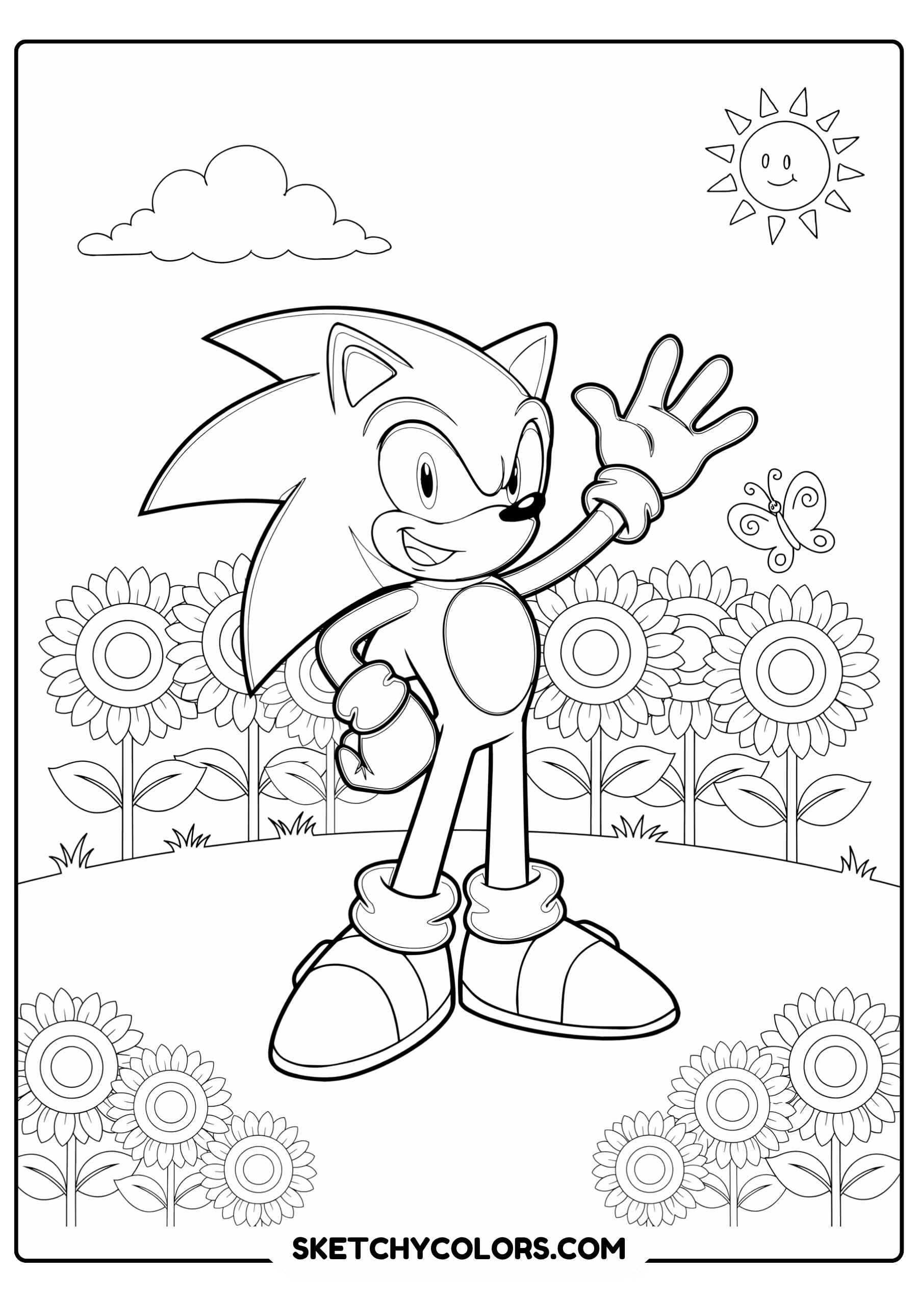 Sonic jumping through air rings swirling around exciting action pose coloring page - free printable