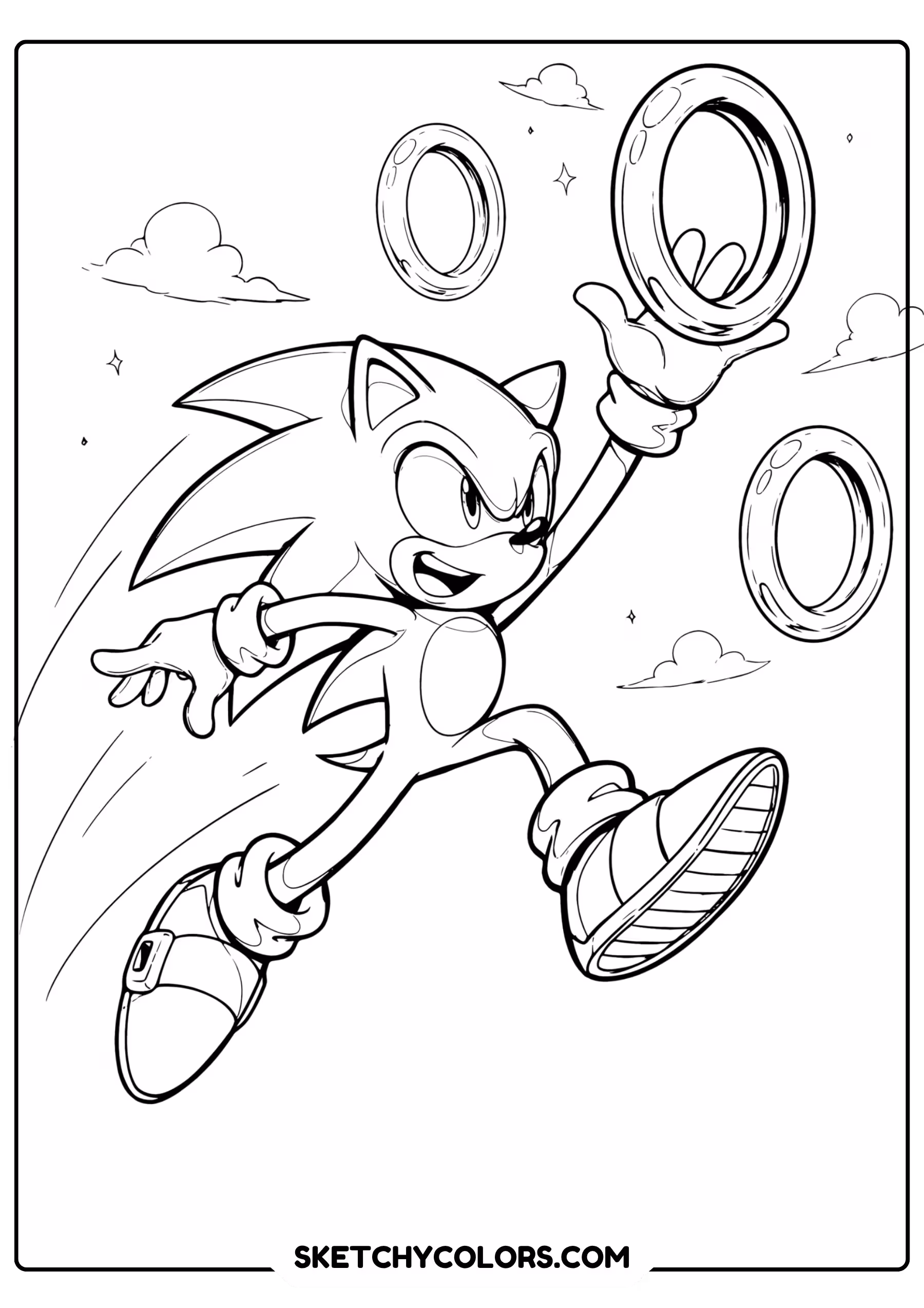 Sonic collecting giant rings jumping through air dynamic action coloring page - free printable