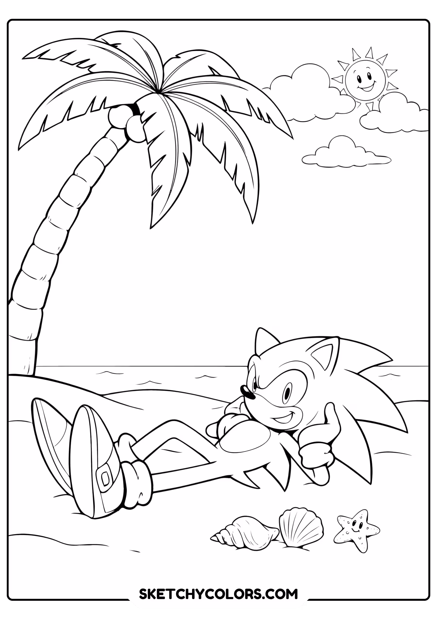 Sonic relaxing under palm tree tropical island cheerful expression coloring page - free printable