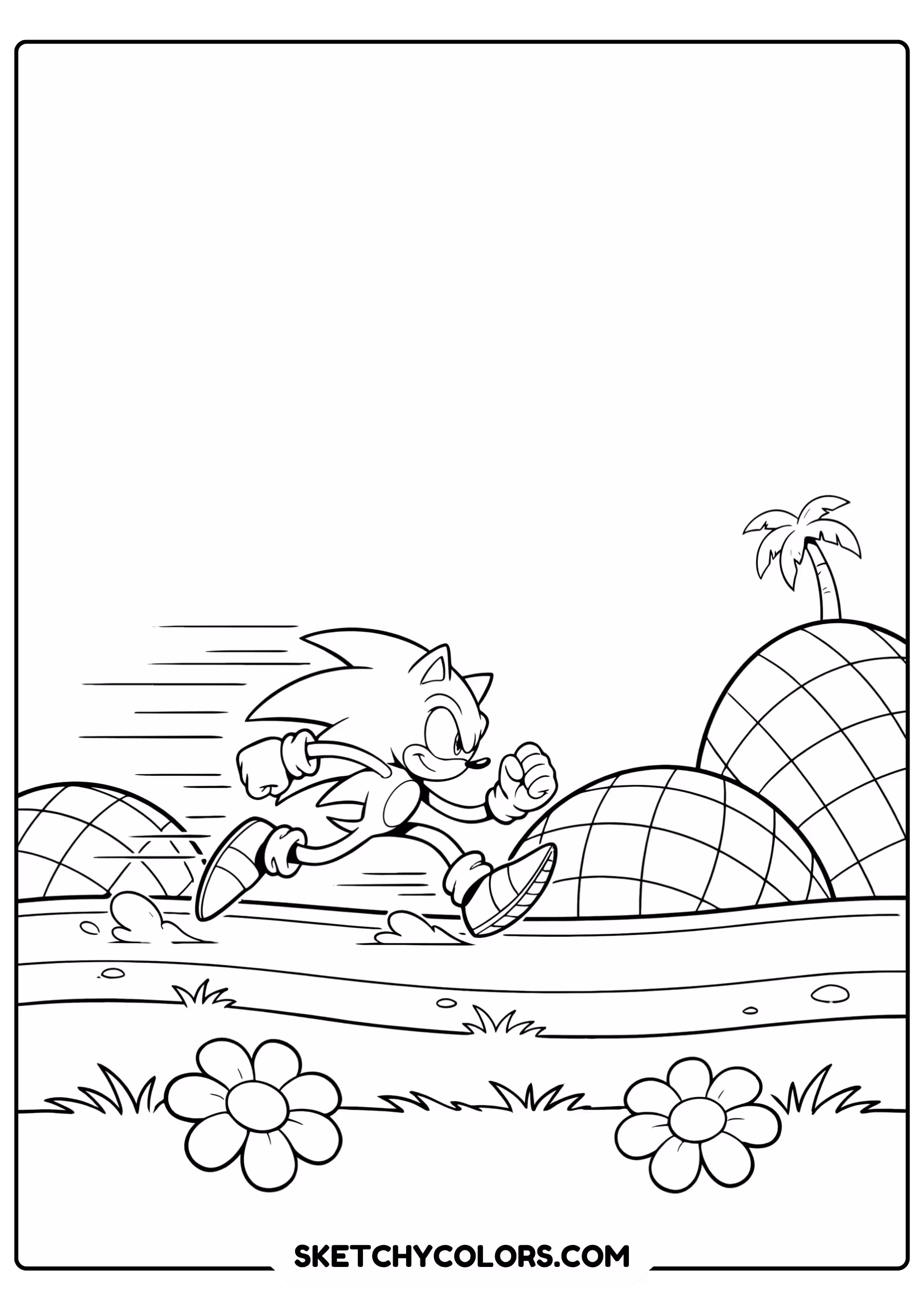 Sonic racing Green Hill Zone checkerboard hills flowers action scene coloring page - free printable