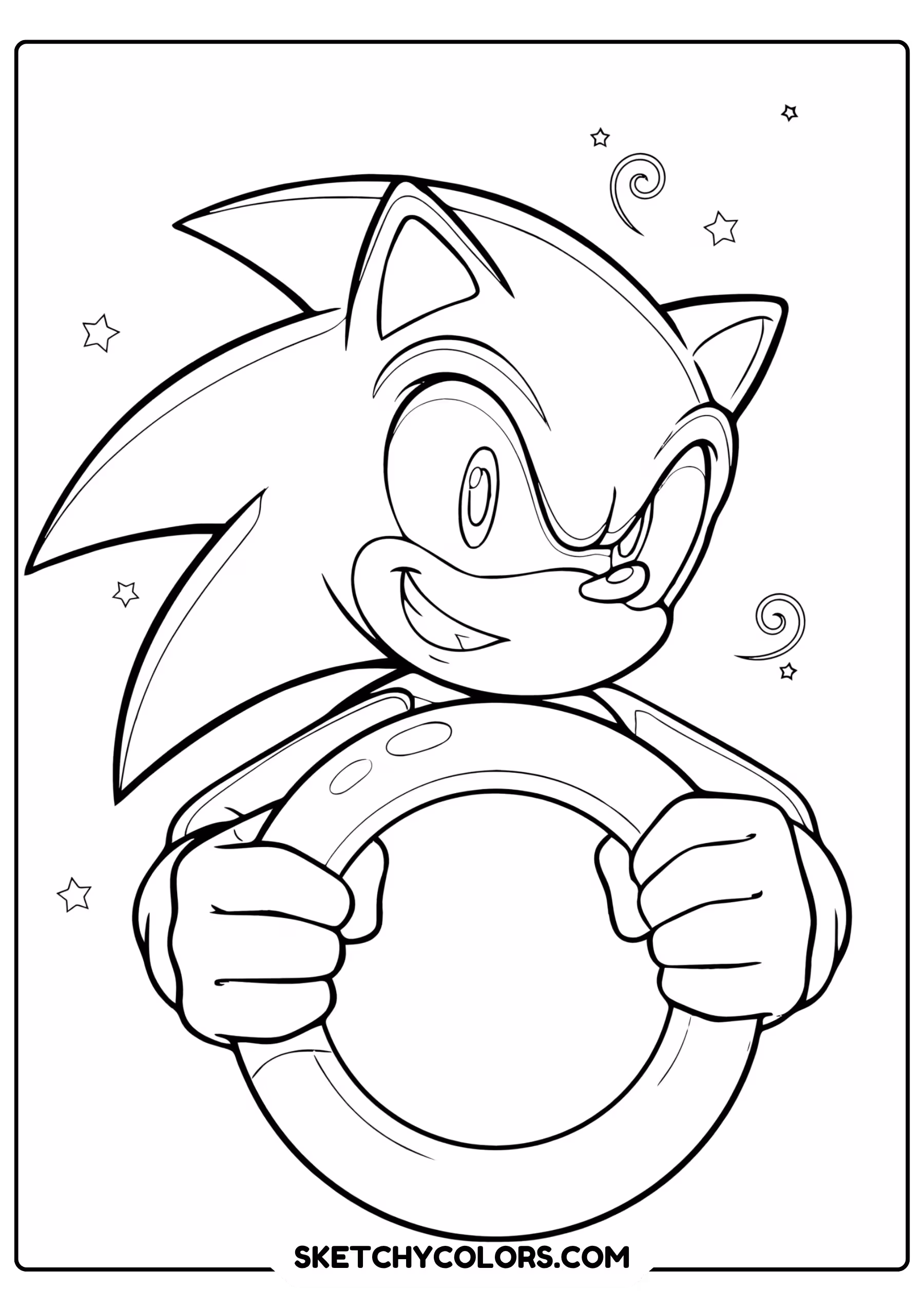 Sonic holding giant golden ring smiling directly at viewer coloring page - free printable