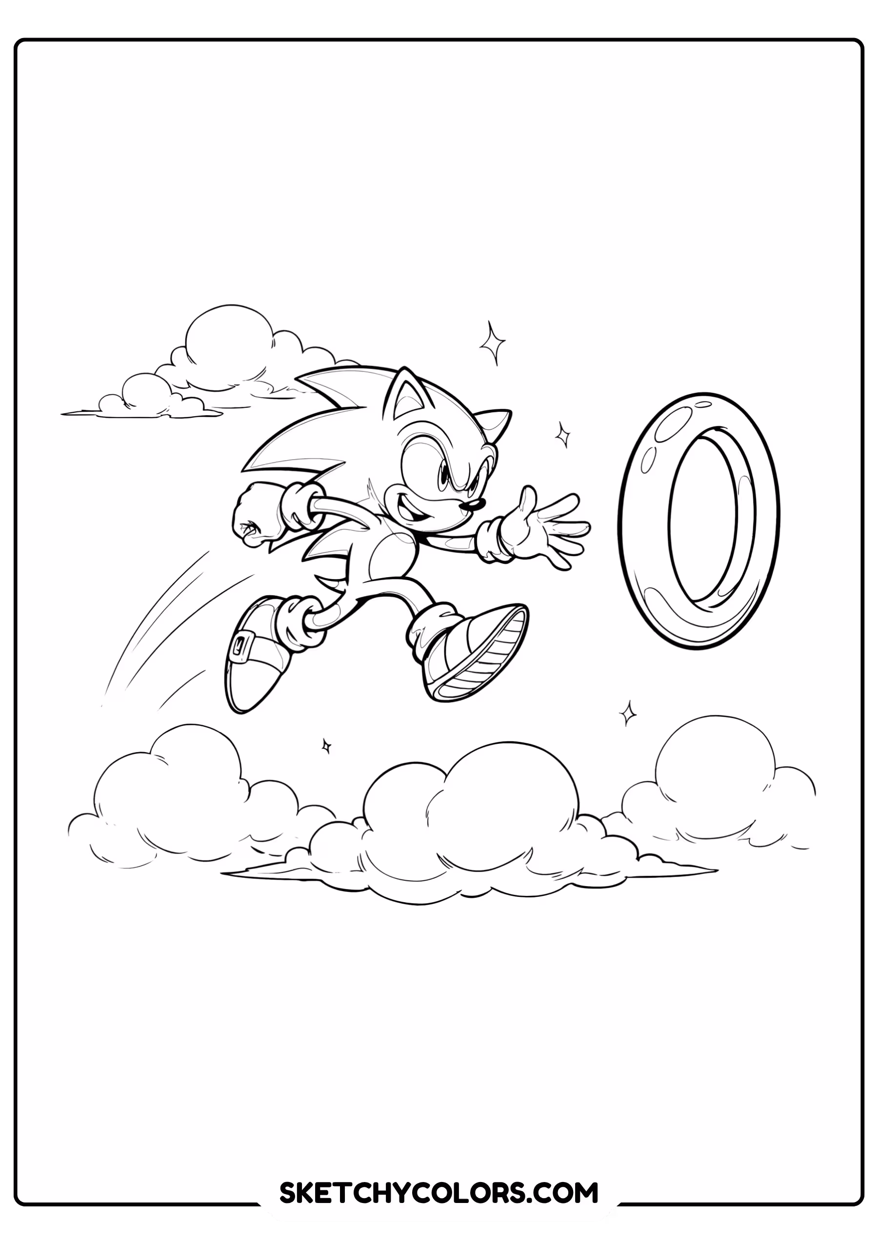 Sonic jumping high above fluffy clouds energetic action pose ring nearby coloring page - free printable