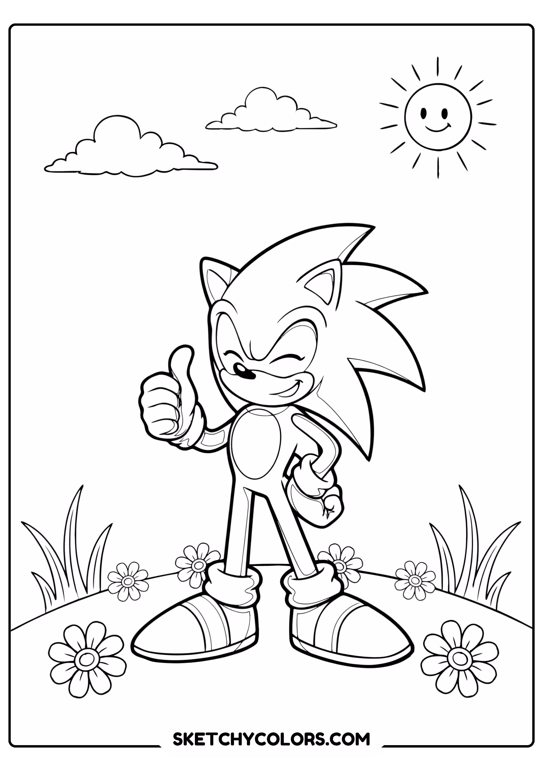 Sonic thumbs up standing grassy hill simple flowers grass coloring page - free printable