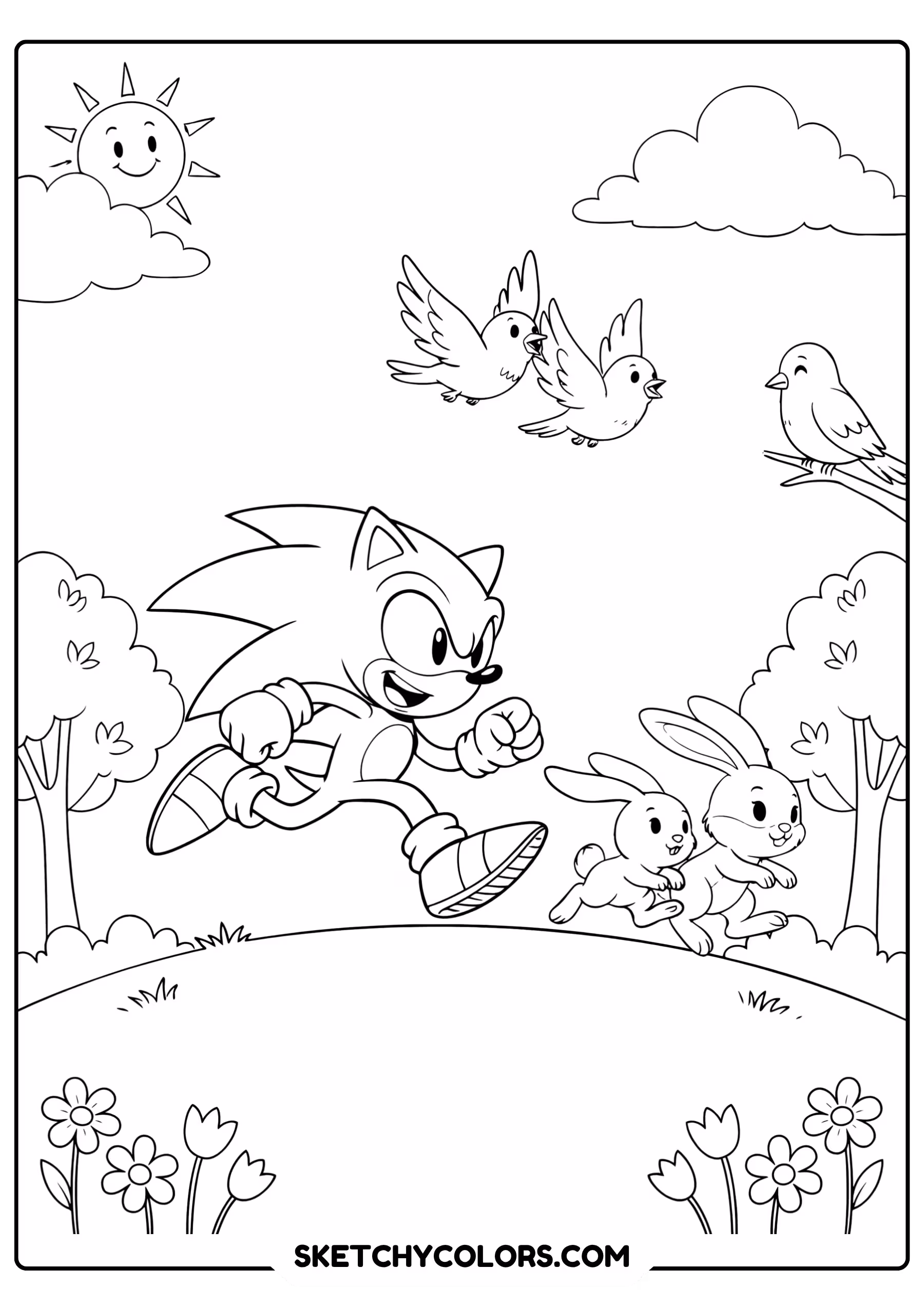 Sonic running alongside friendly woodland animals rabbits birds coloring page - free printable