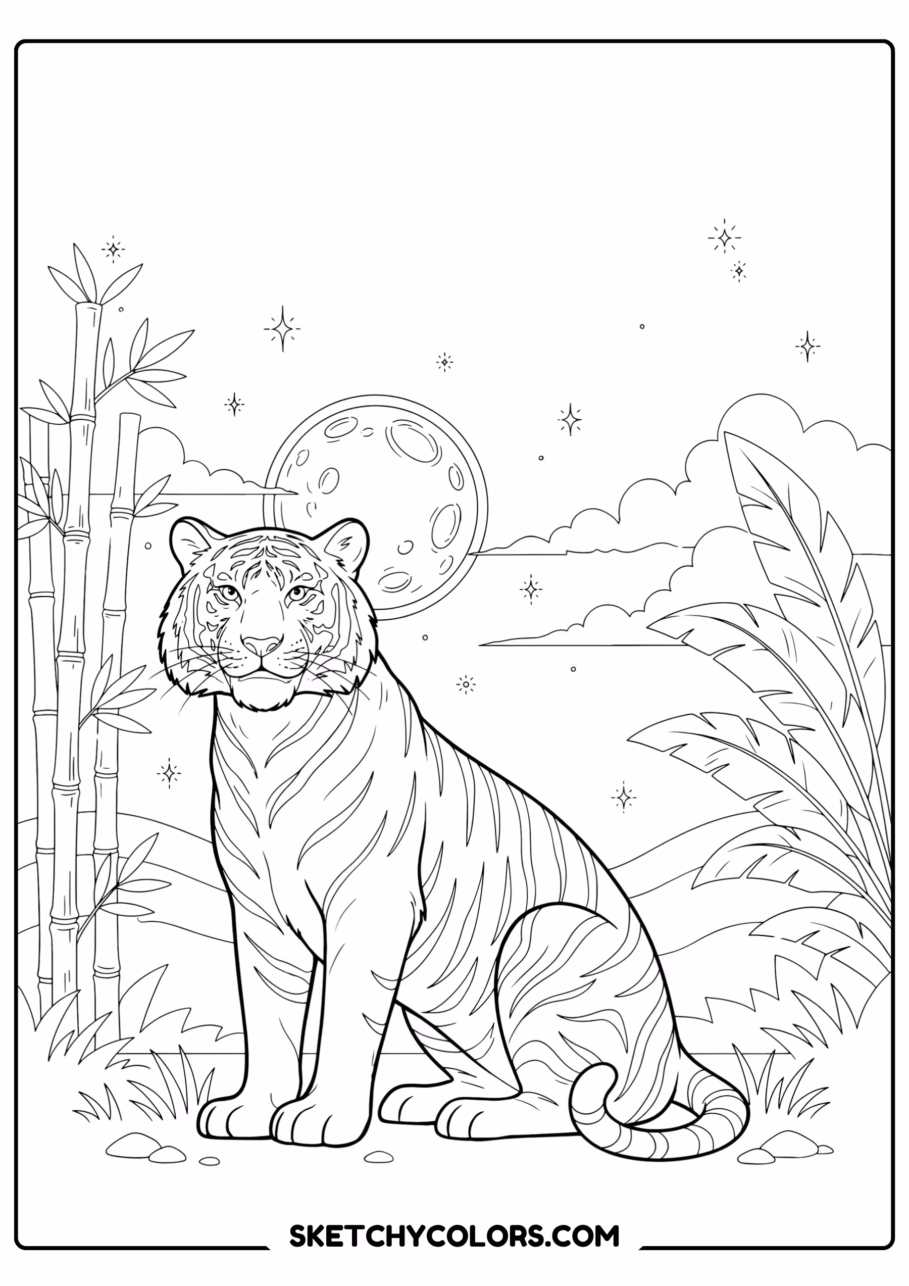 tiger under starry sky printable coloring page pdf