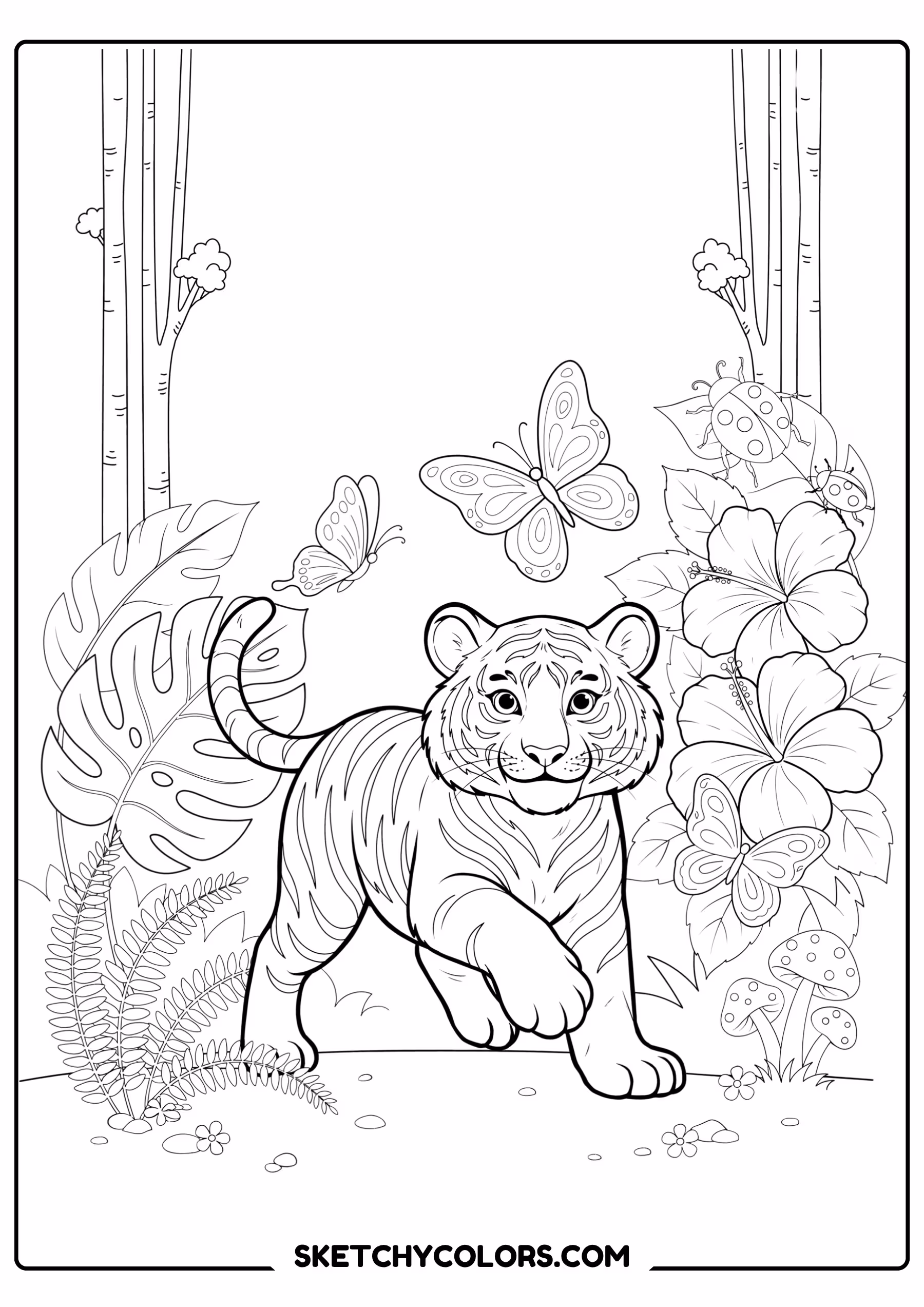 tiger cub playing with leaves free printable for kids