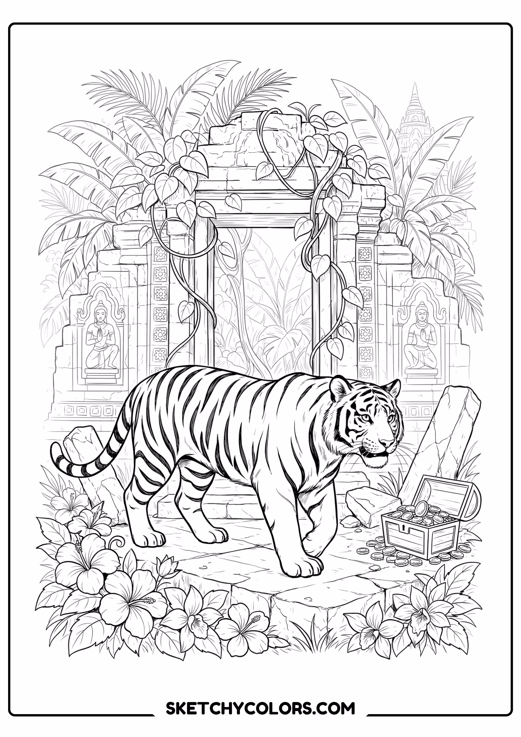 tiger at ancient temple printable coloring sheet
