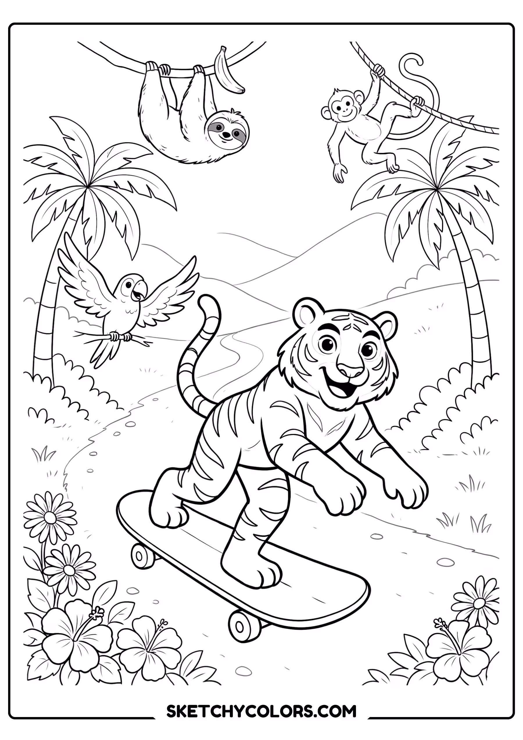 tiger on skateboard free printable coloring sheet