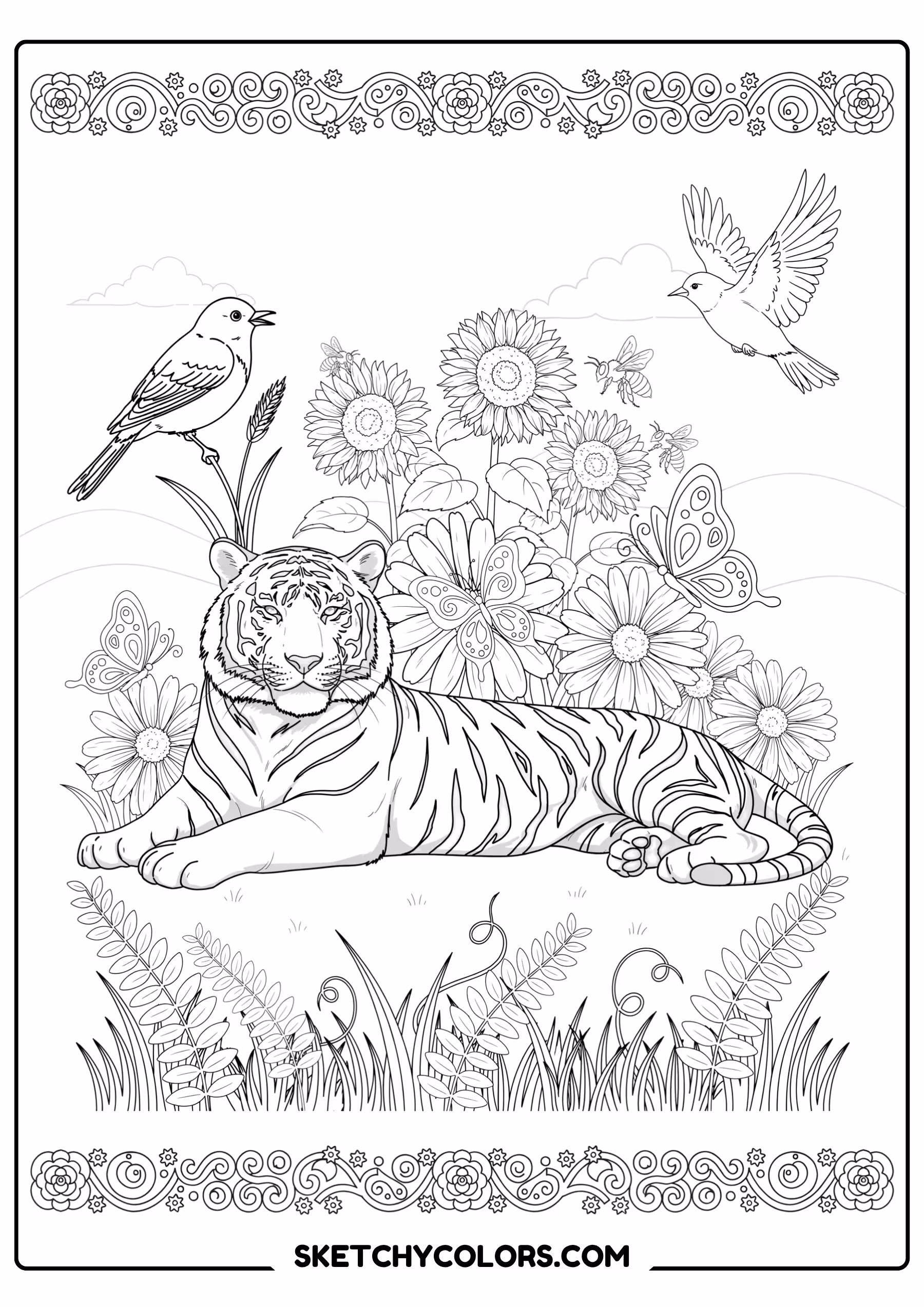 tiger in flower meadow free pdf coloring page