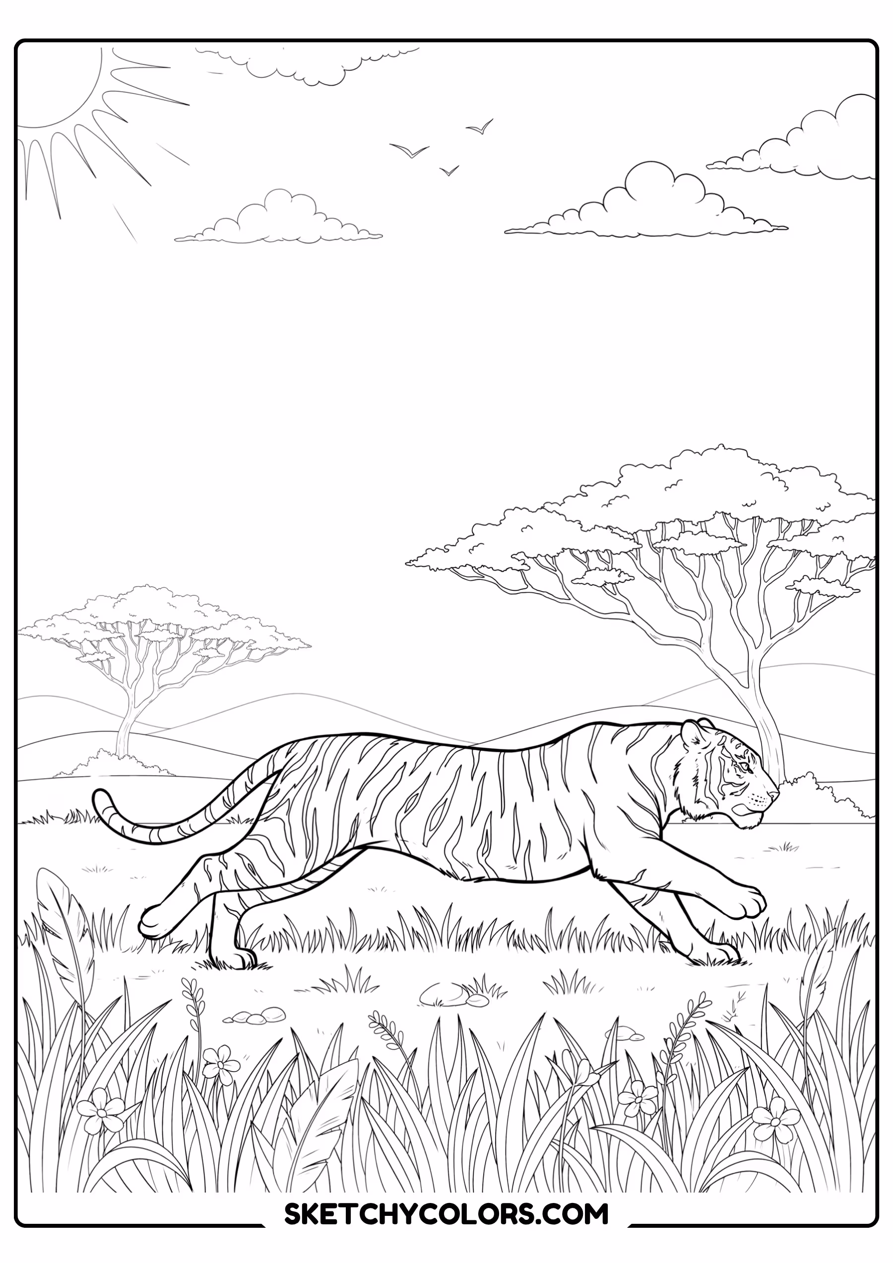 tiger running on safari coloring sheet free printable