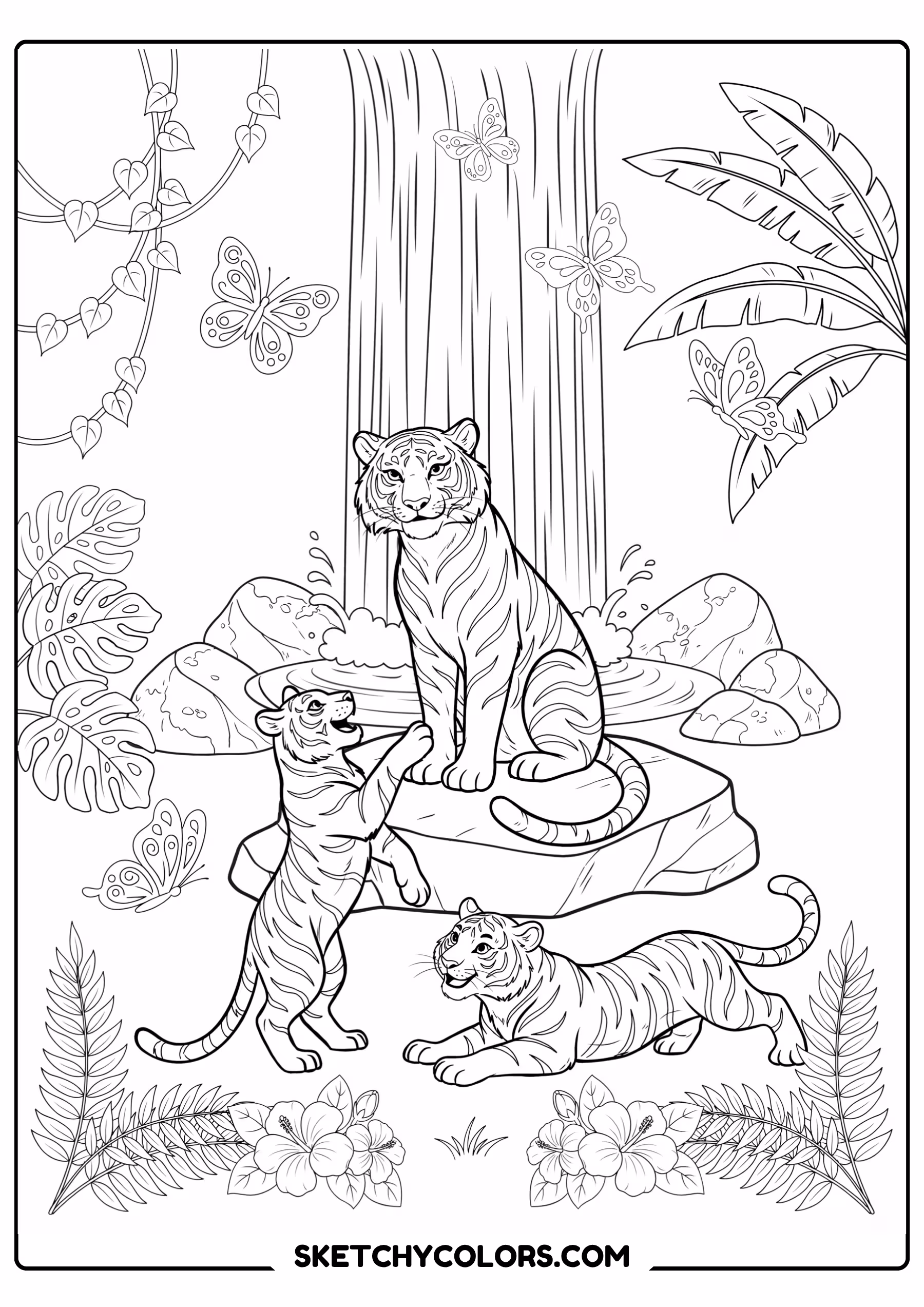 tiger family at waterfall free kids coloring printable