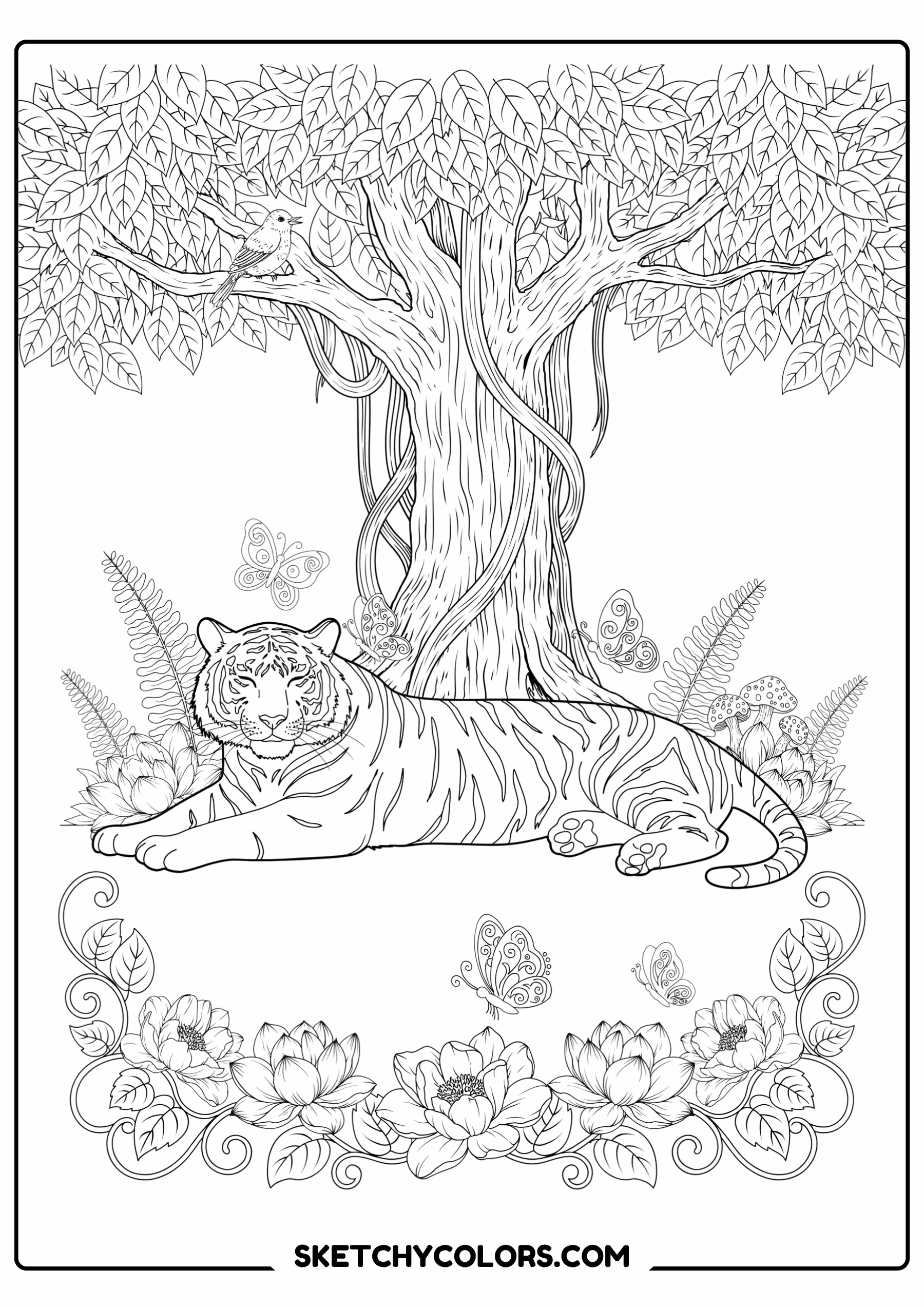 tiger resting under tree free printable coloring sheet