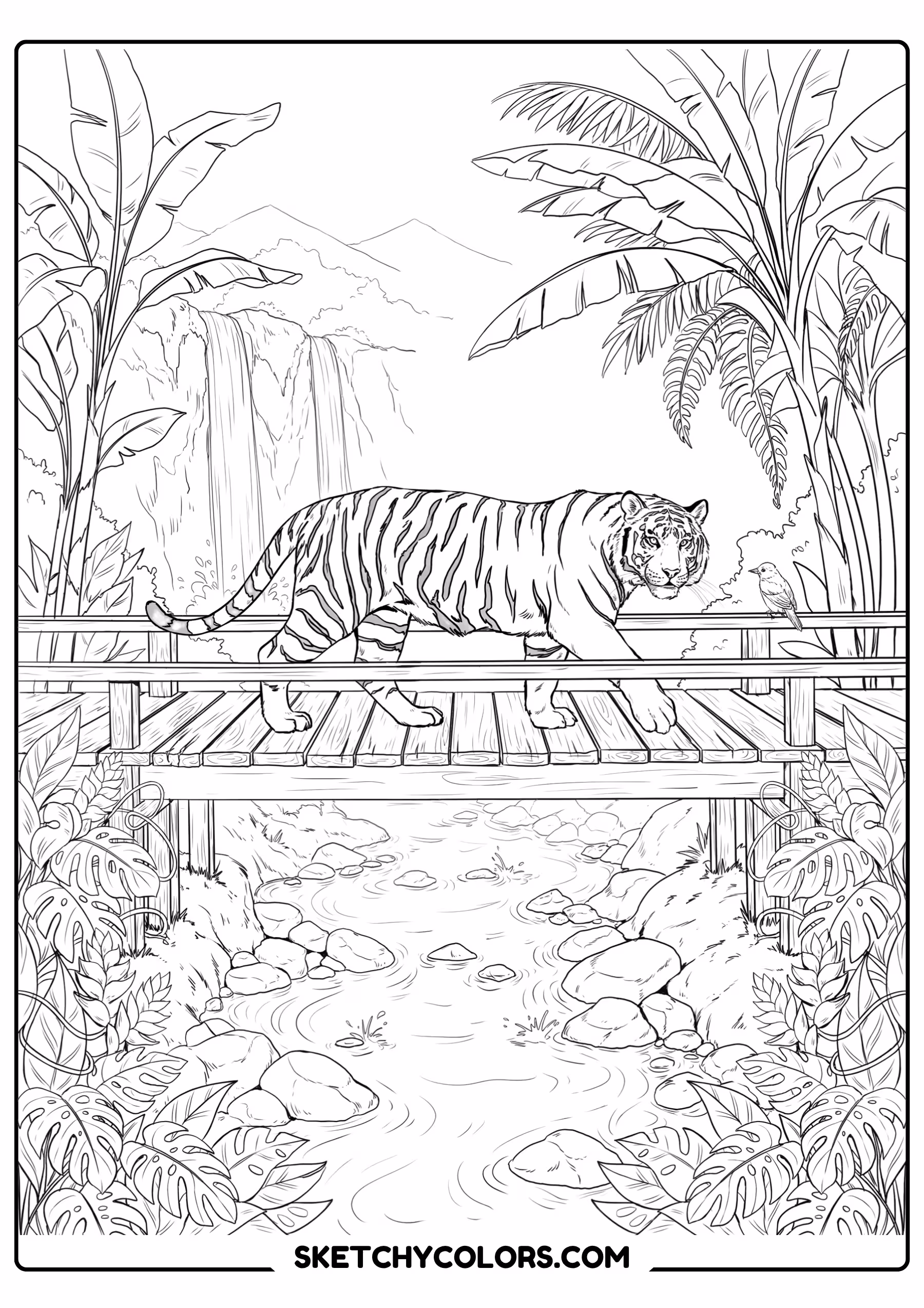 tiger crossing bridge free kids coloring printable
