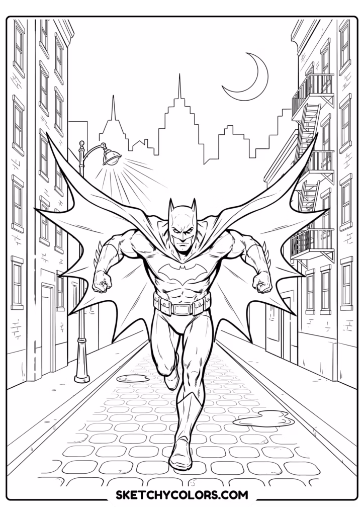 batman running through gotham coloring sheet free printable