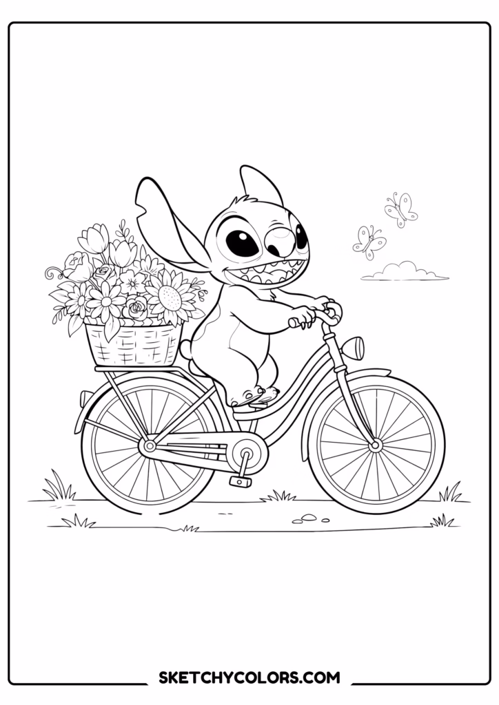 stitch flower bike ride printable coloring sheet