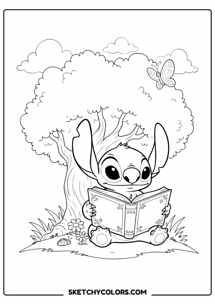stitch storybook reading free coloring sheet for kids