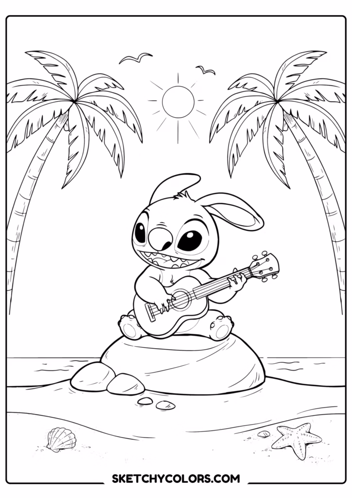 stitch ukulele melodies free coloring sheet for kids