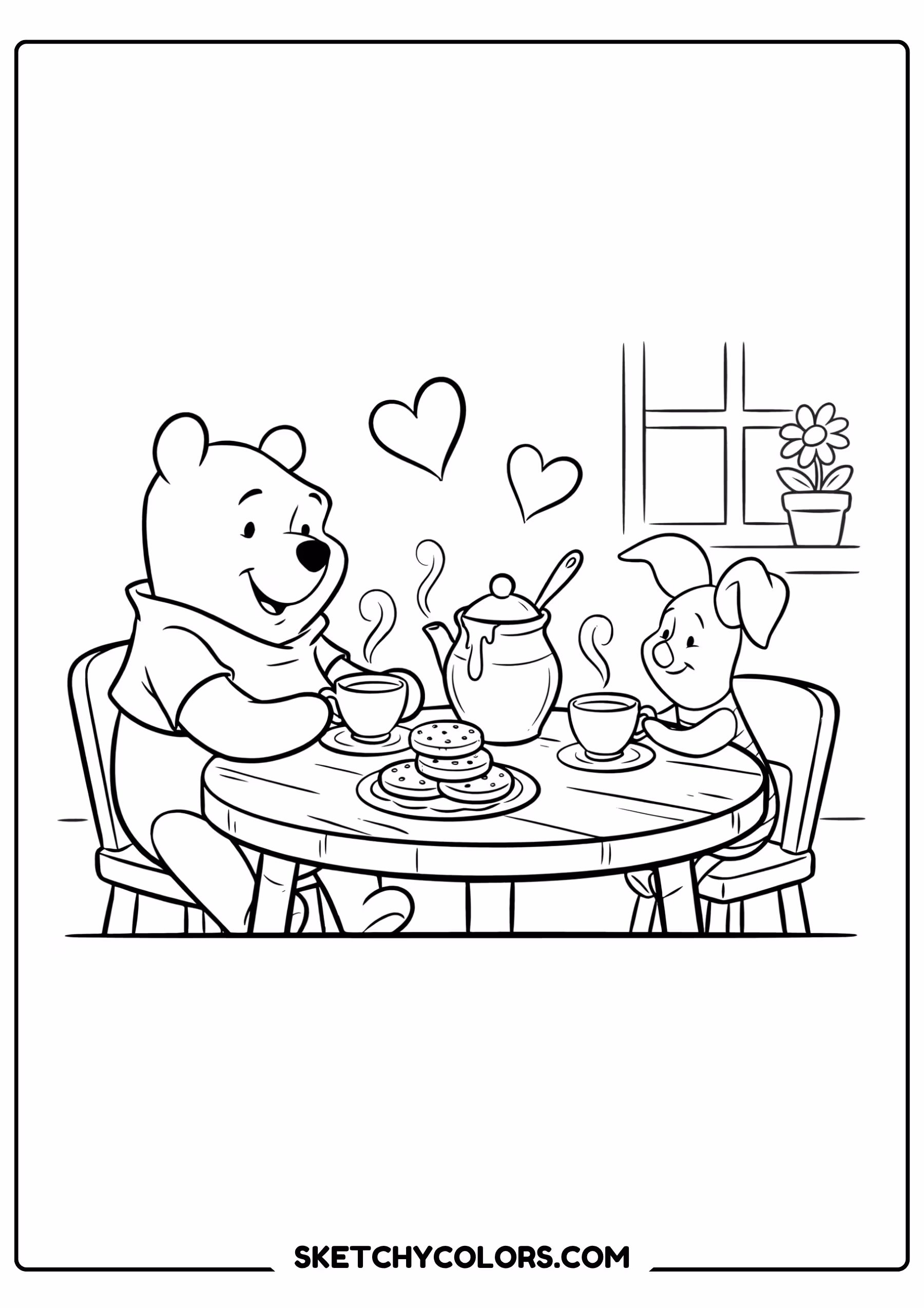 winnie the pooh coloring pages - tea party with piglet free printable PDF for kids