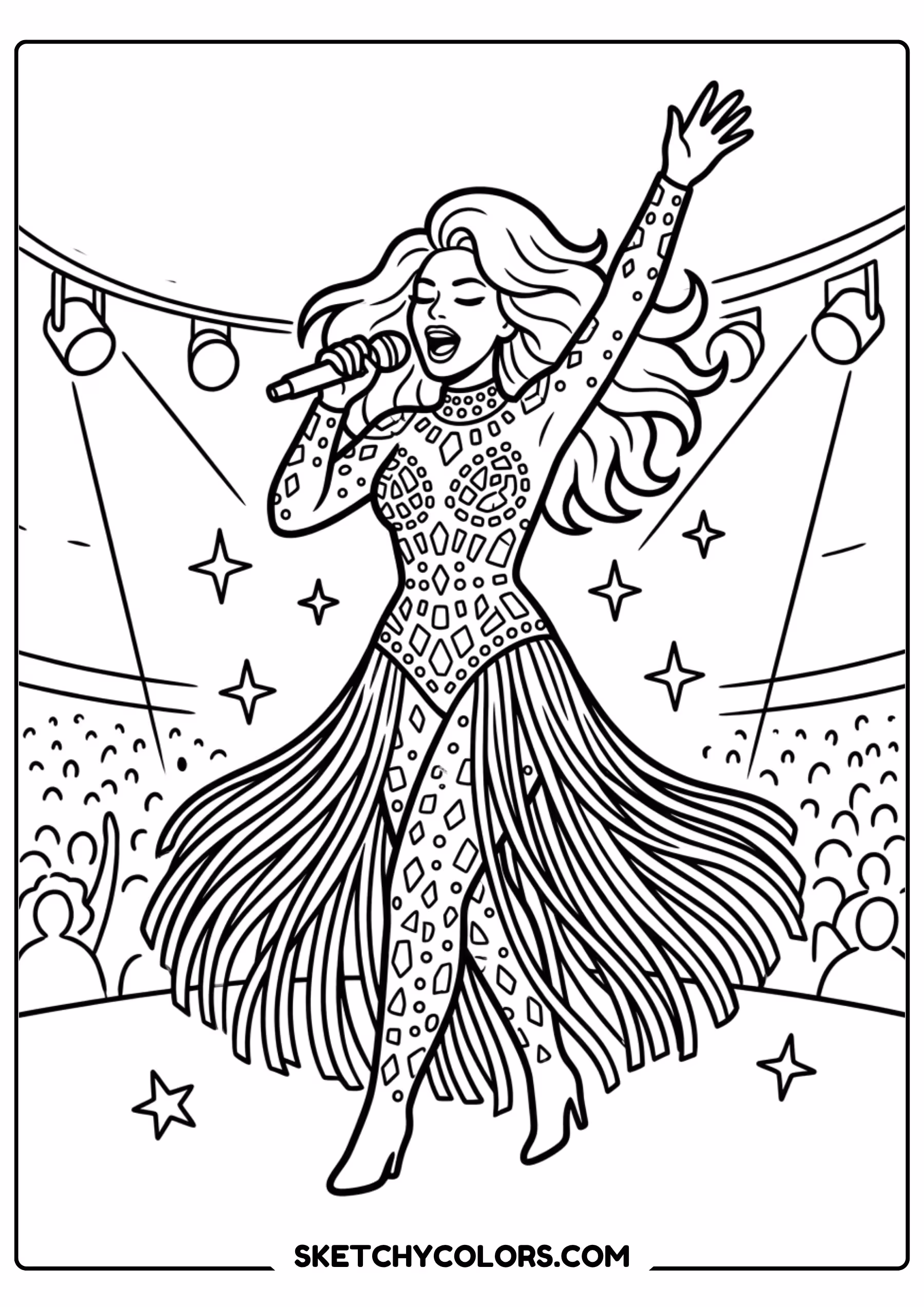 taylor swift coloring pages - glittering fringe gown free printable PDF for kids