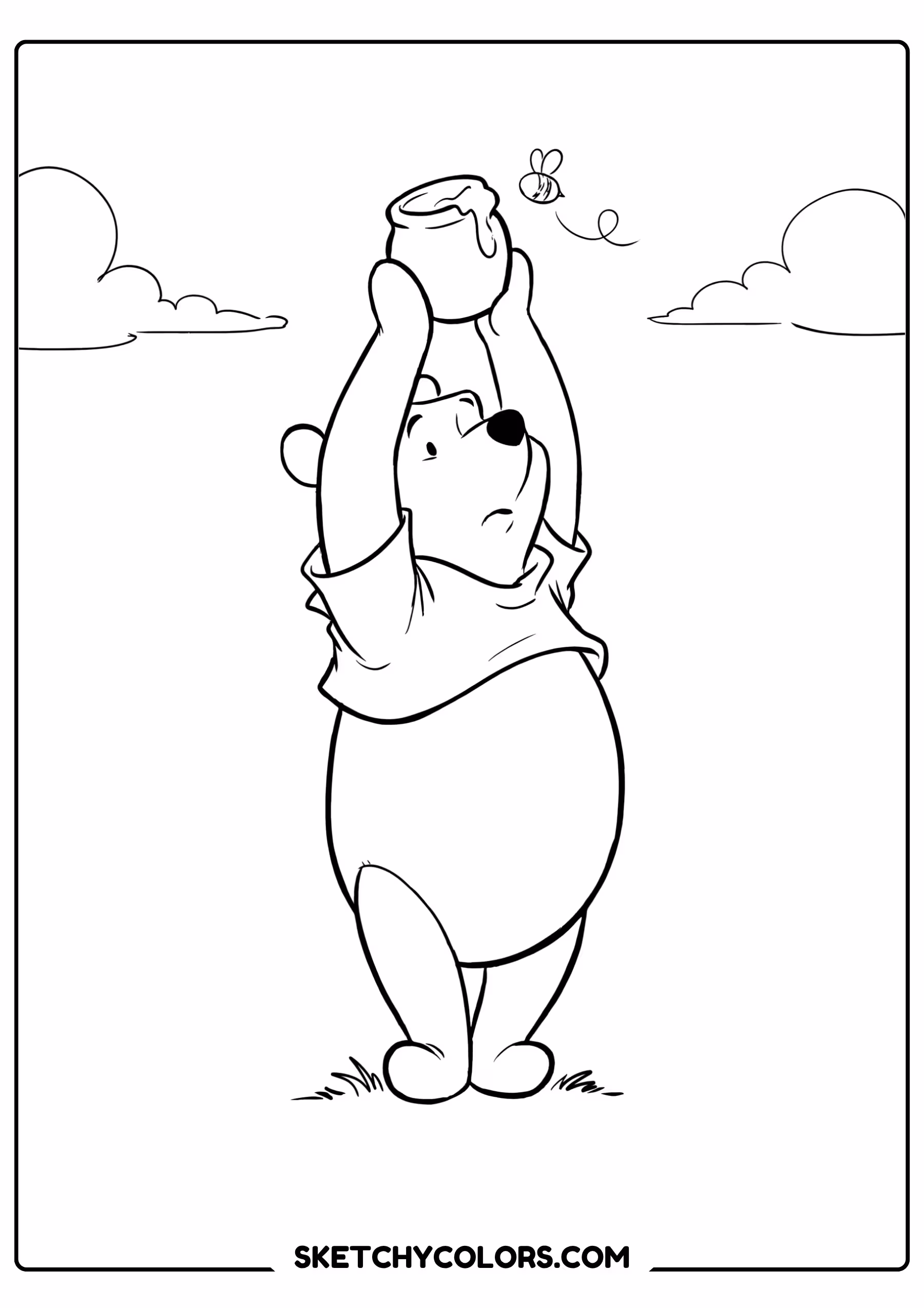 winnie the pooh coloring pages - honey pot held high free printable PDF for kids