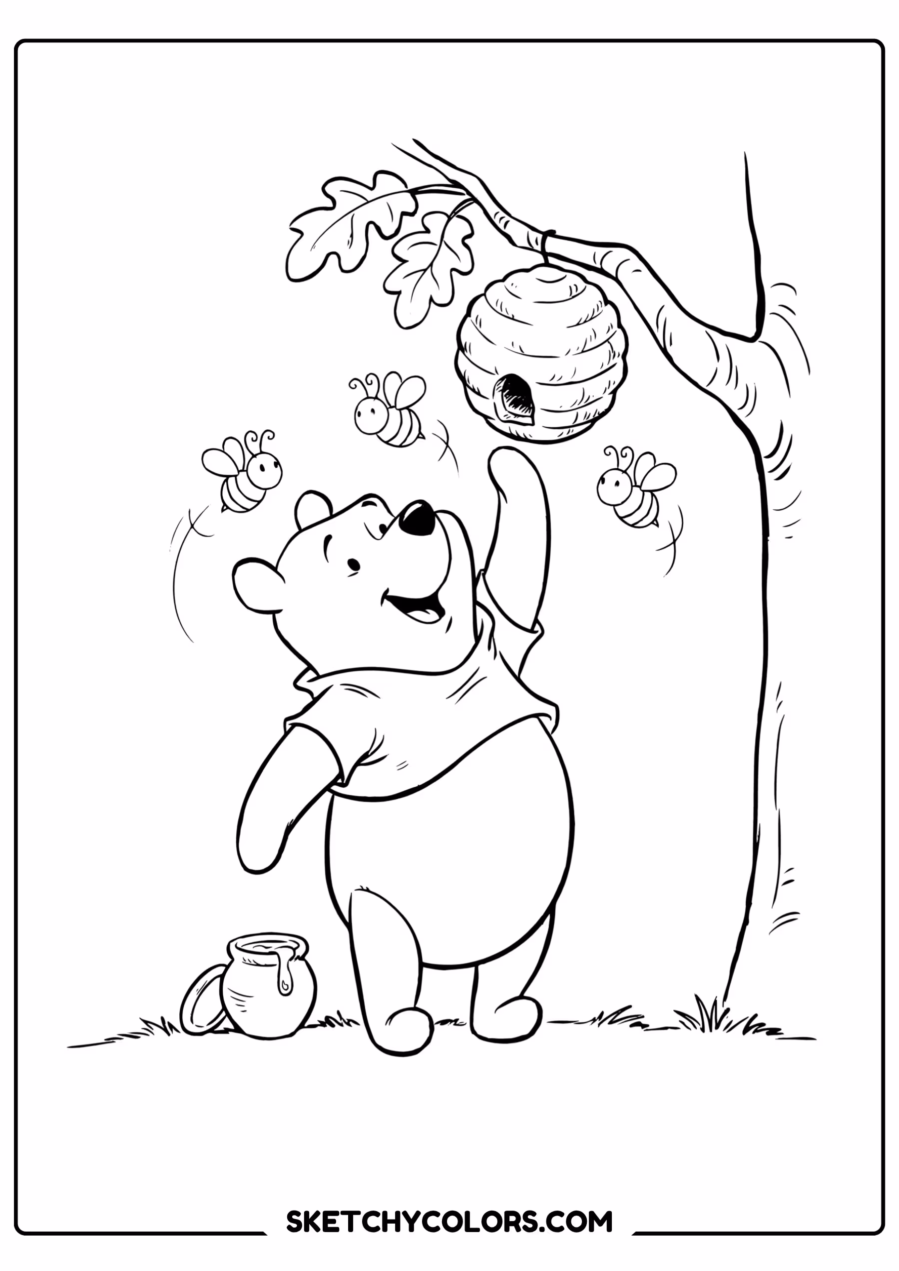 winnie the pooh coloring pages - reaching for the beehive free printable PDF for kids