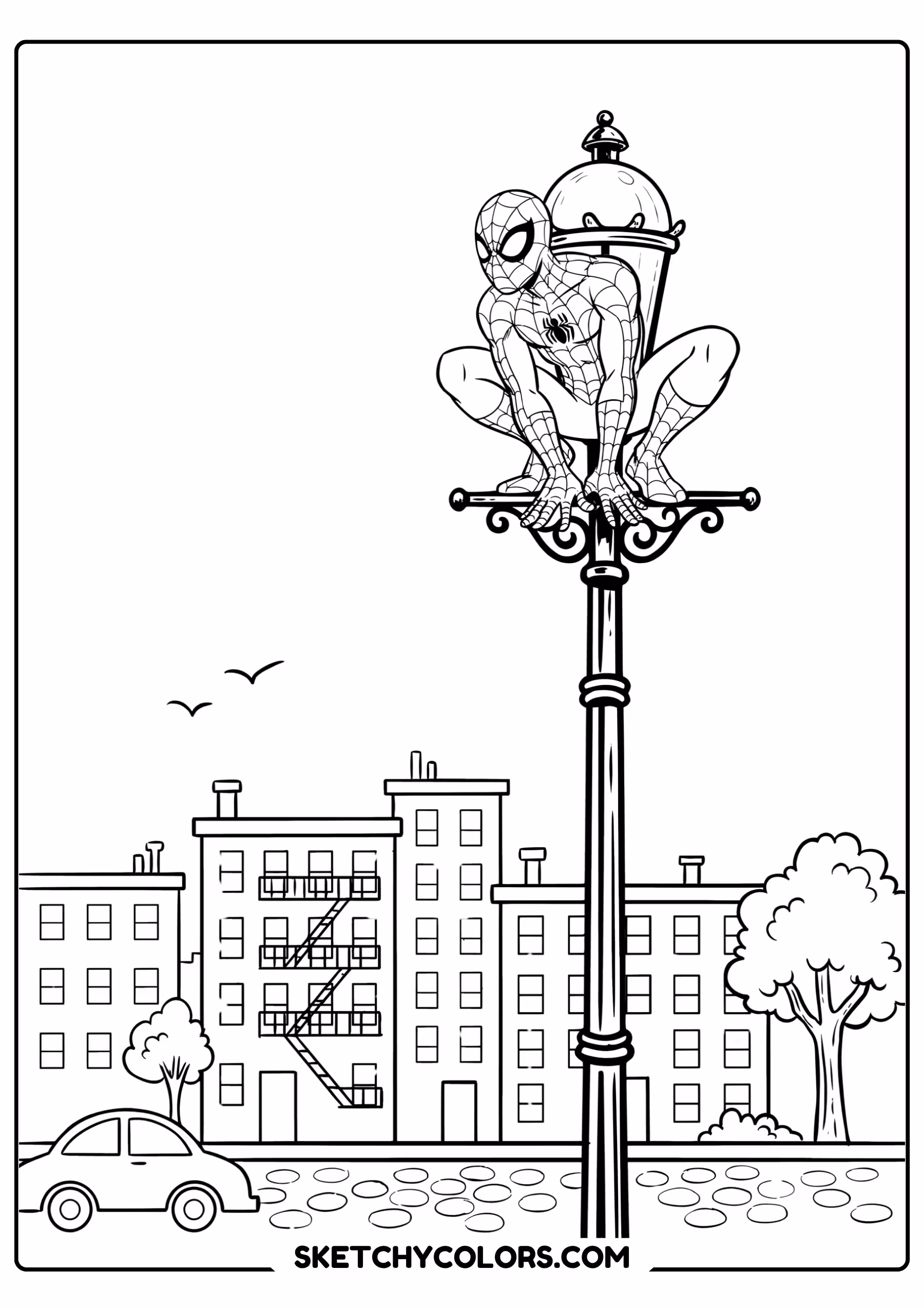 spiderman coloring pages - lamppost perch free printable PDF for kids