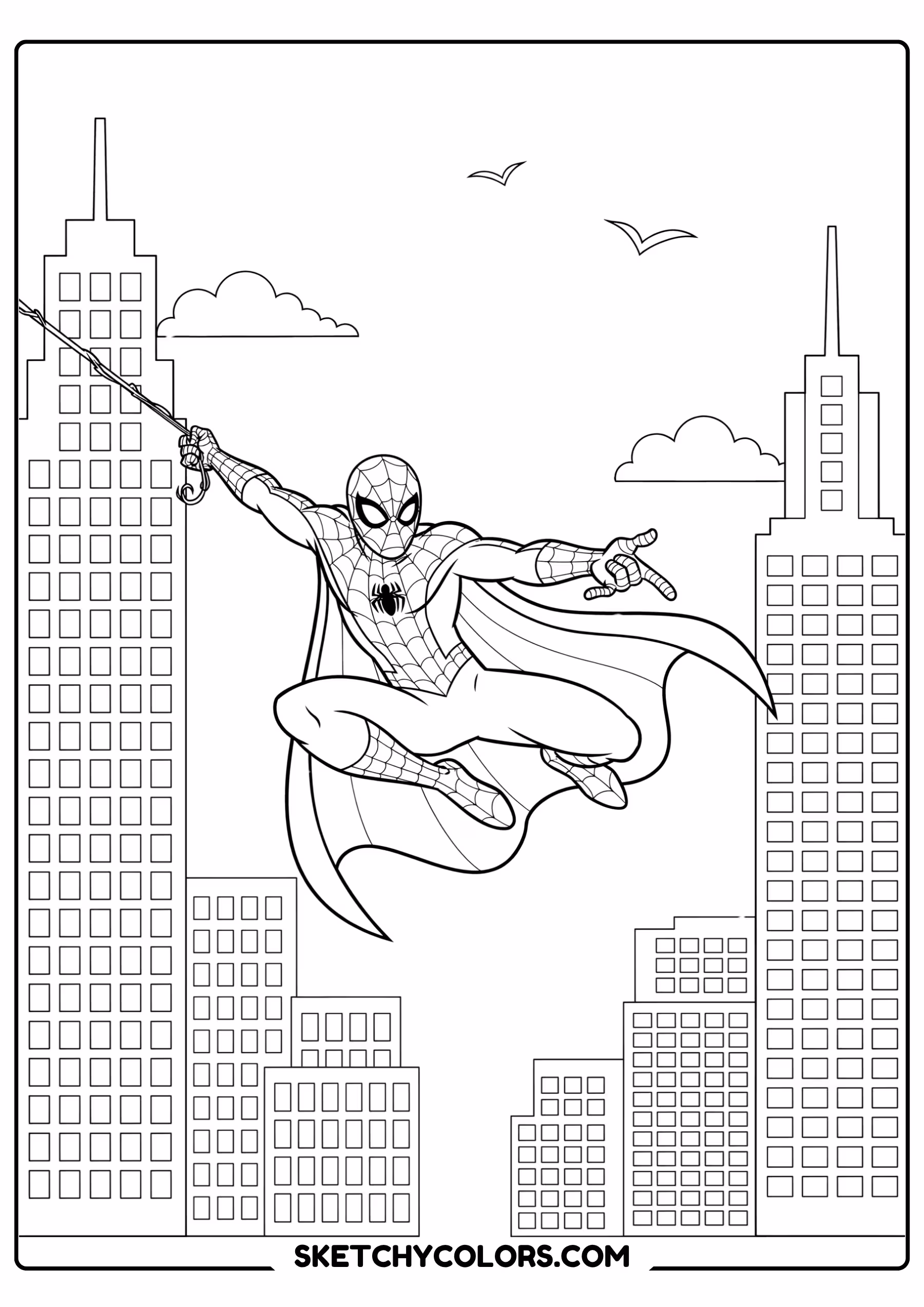 spiderman coloring pages - caped city swing free printable PDF for kids