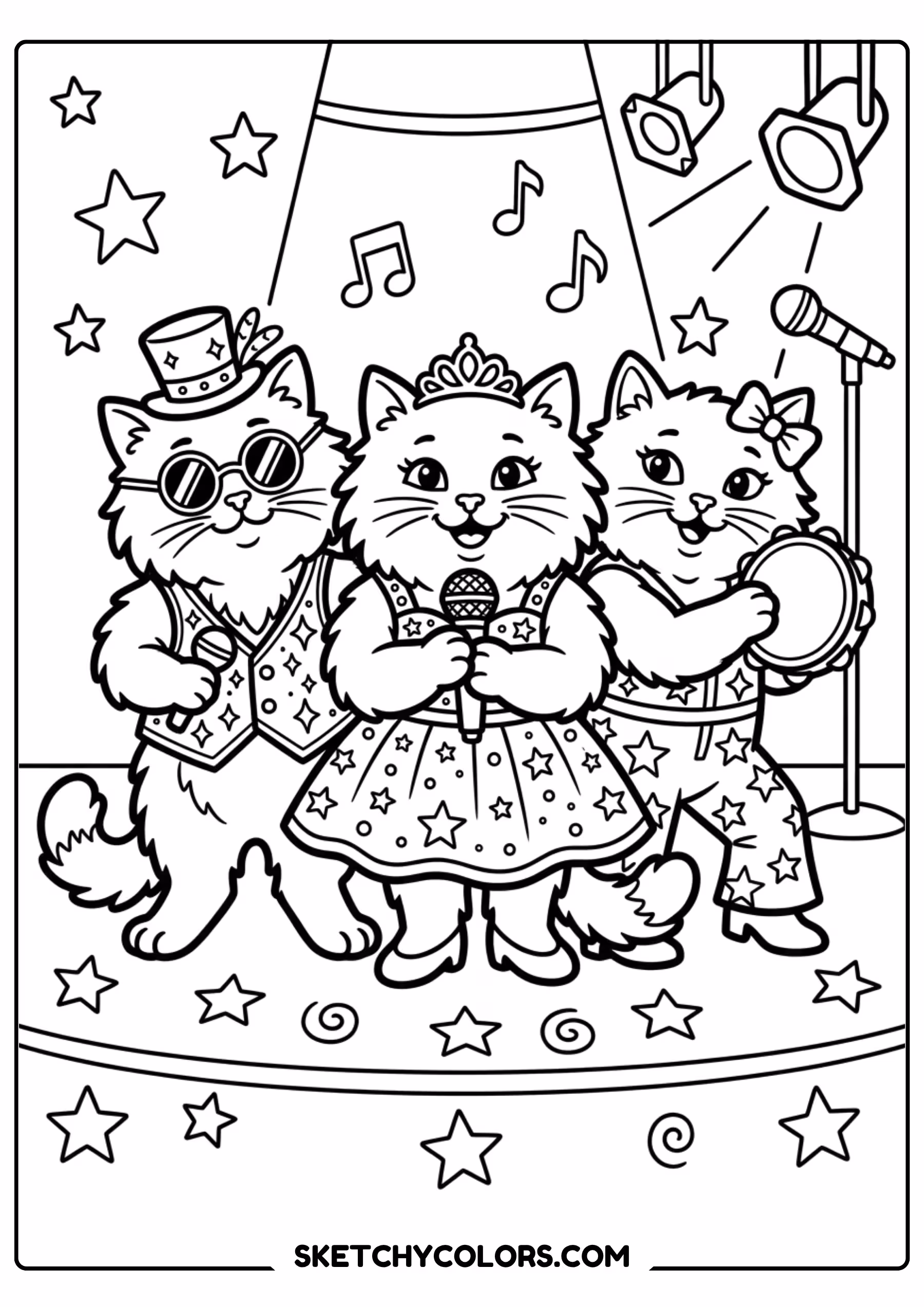 taylor swift coloring pages - singing cats in costumes free printable PDF for kids
