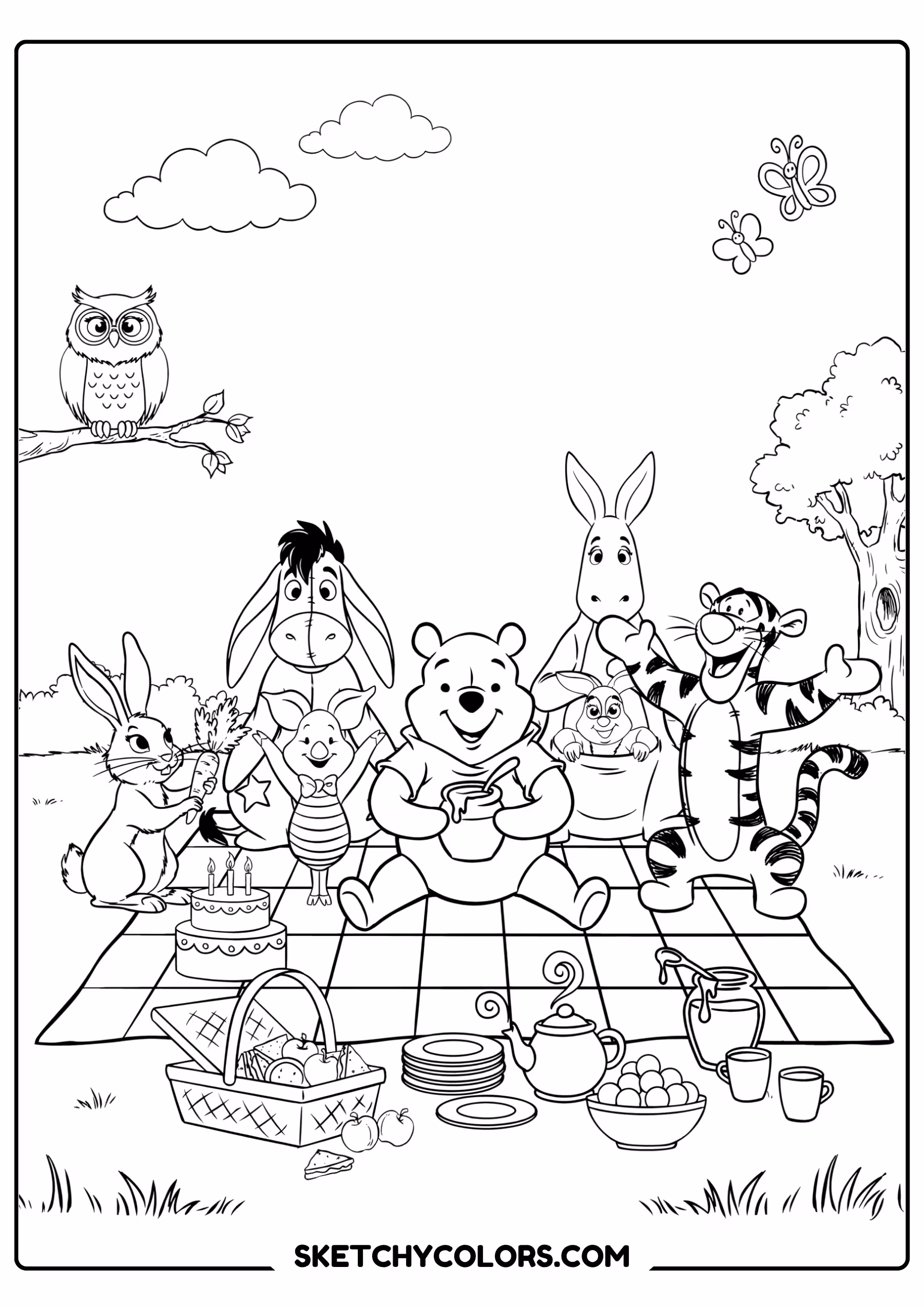 winnie the pooh coloring pages - picnic with the whole gang free printable PDF for kids