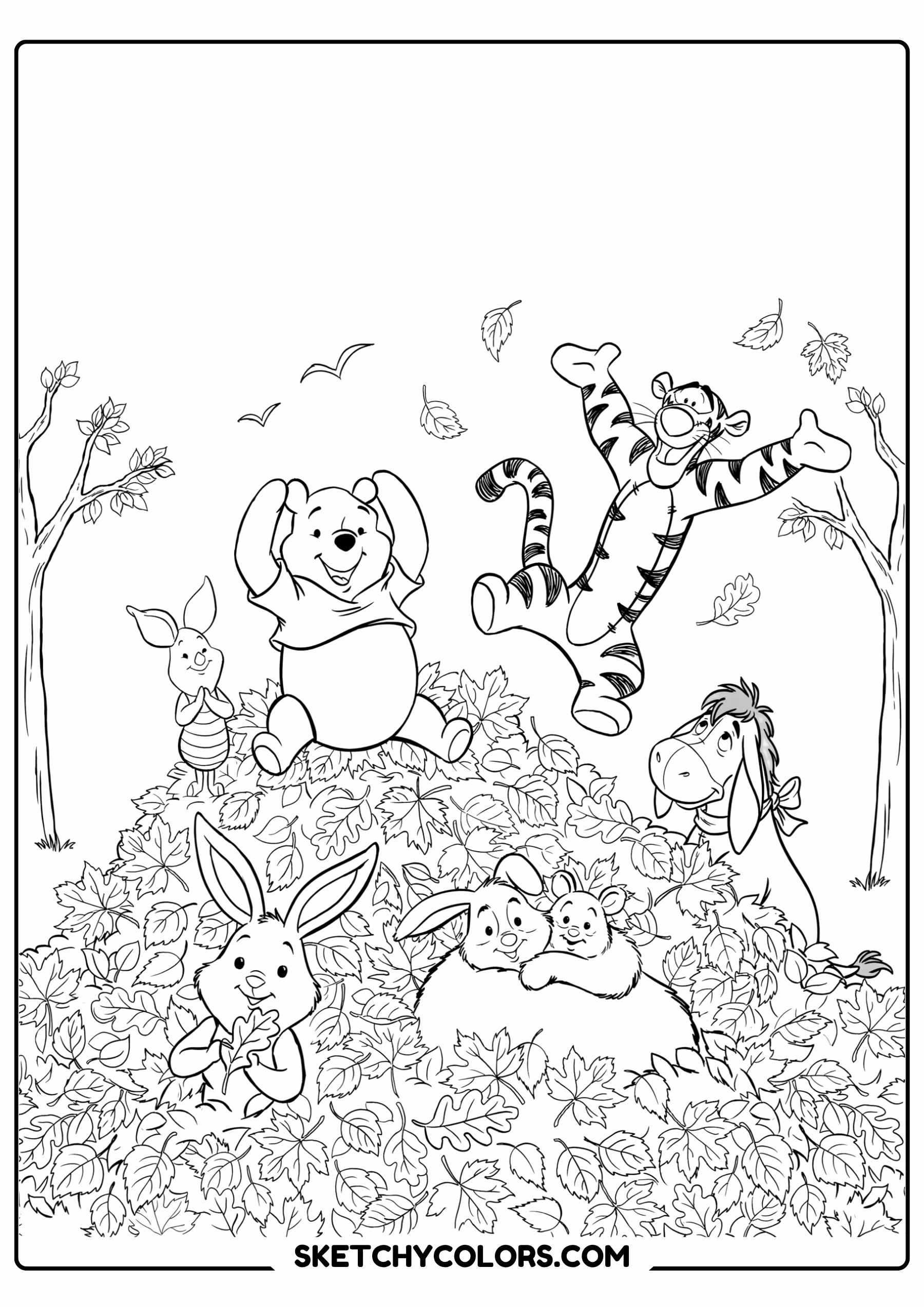 winnie the pooh coloring pages - jumping in autumn leaves free printable PDF for kids