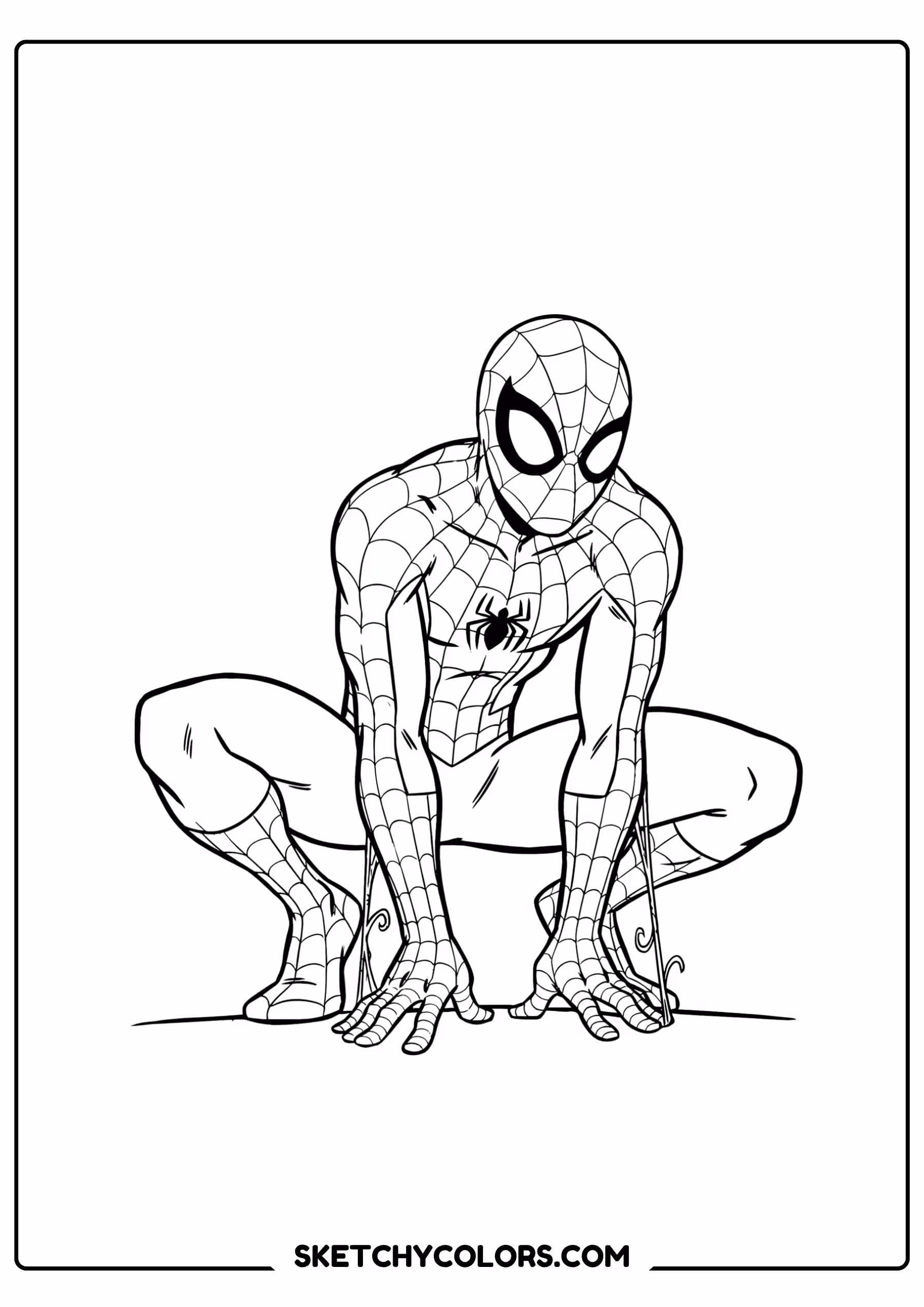 spiderman coloring pages - classic crouch pose free printable PDF for kids
