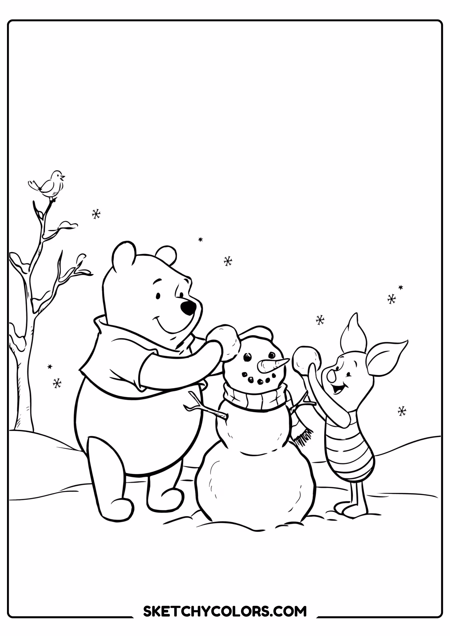 winnie the pooh coloring pages - building a snowman free printable PDF for kids
