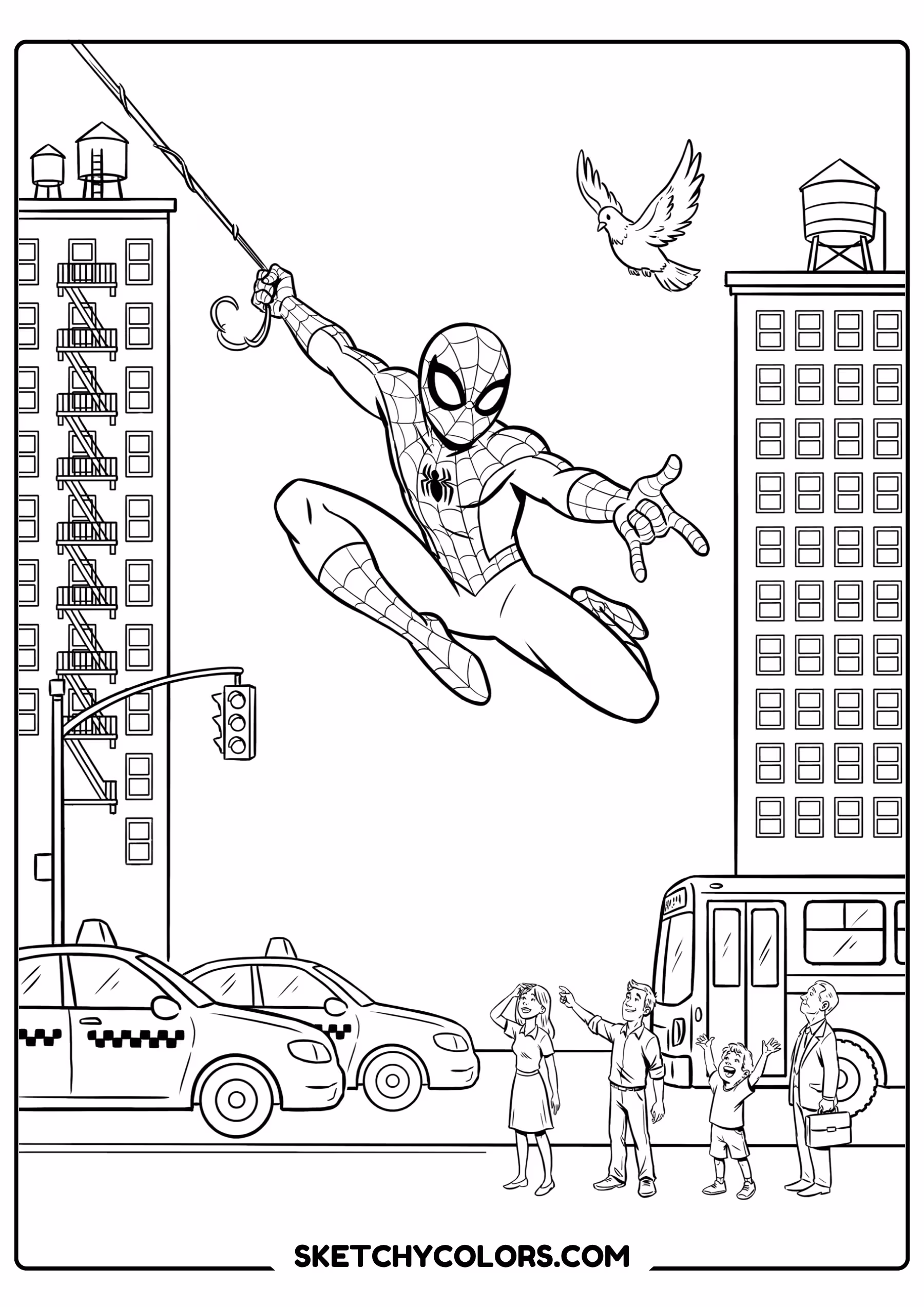 spiderman coloring pages - city leap hero free printable PDF for kids