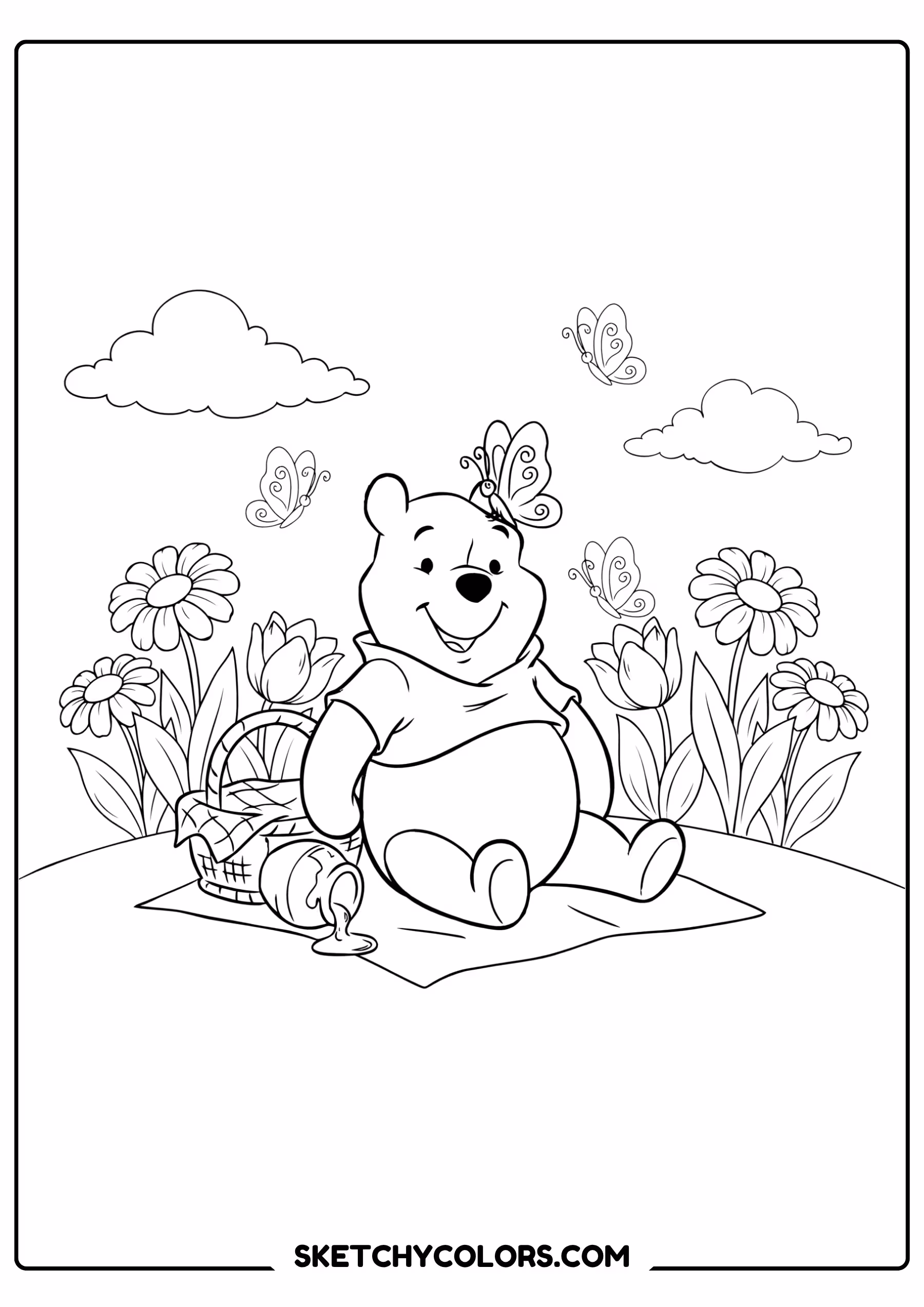 winnie the pooh coloring pages - garden of flowers free printable PDF for kids