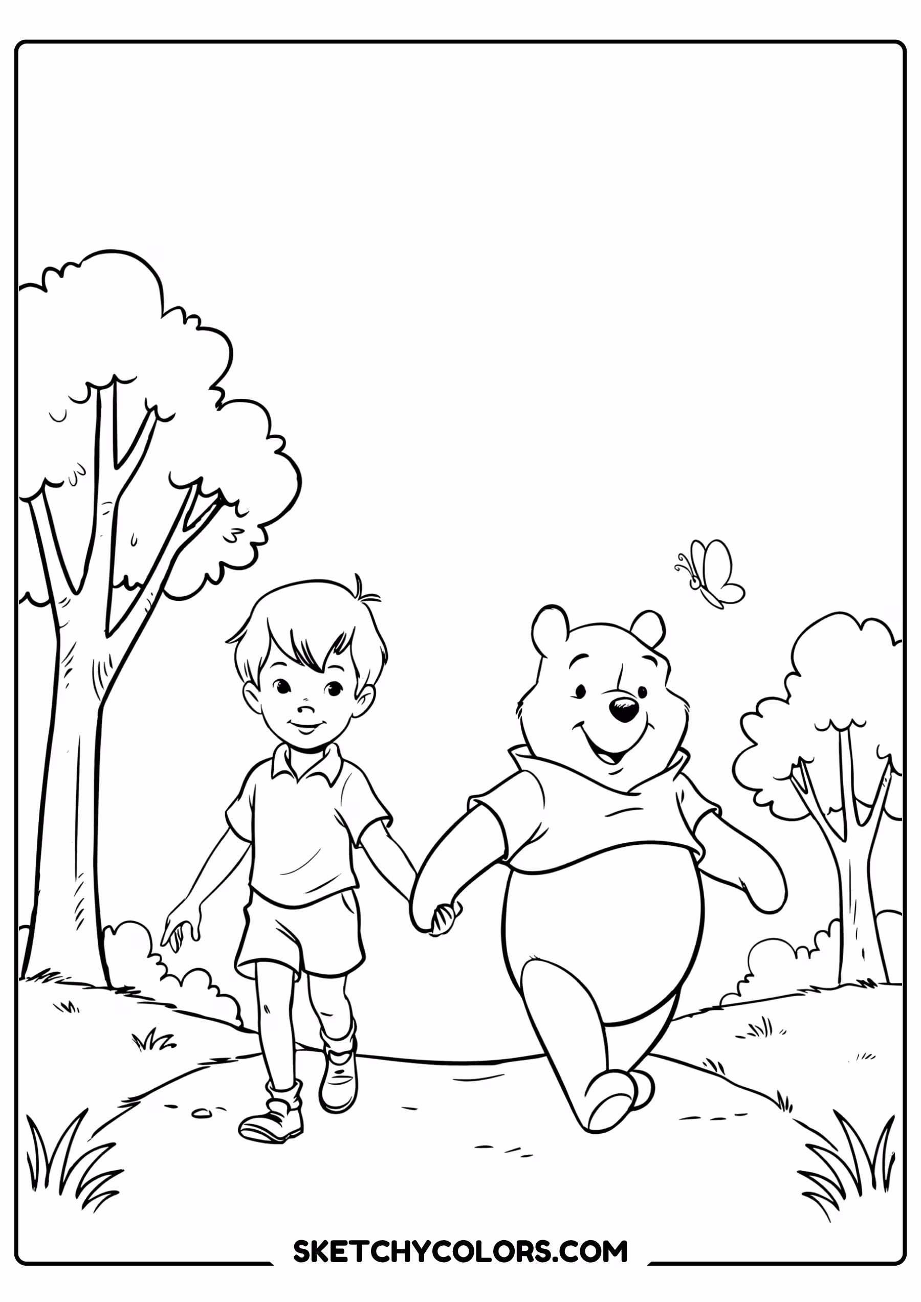winnie the pooh coloring pages - walk with christopher robin free printable PDF for kids