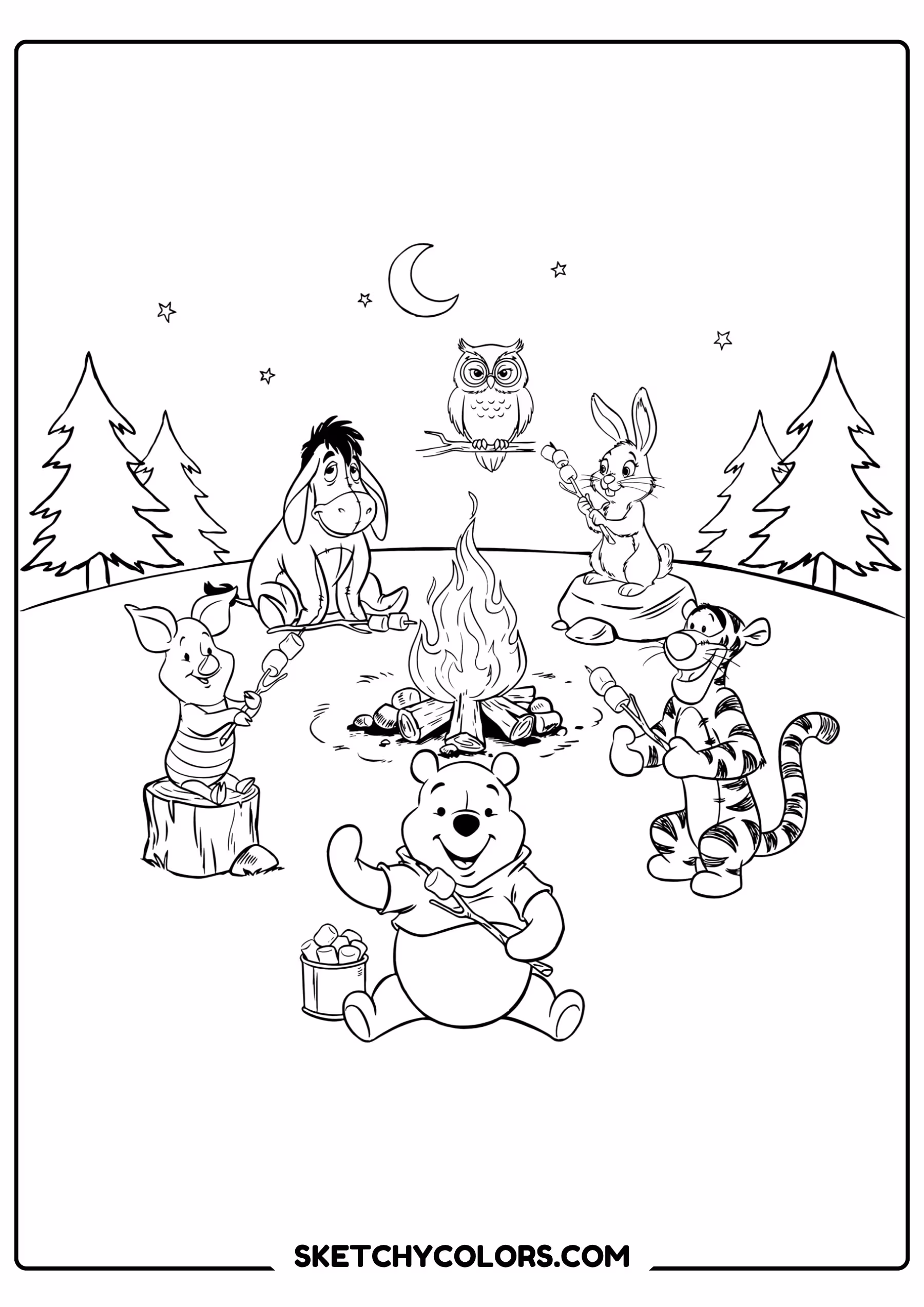 winnie the pooh coloring pages - campfire under the stars free printable PDF for kids